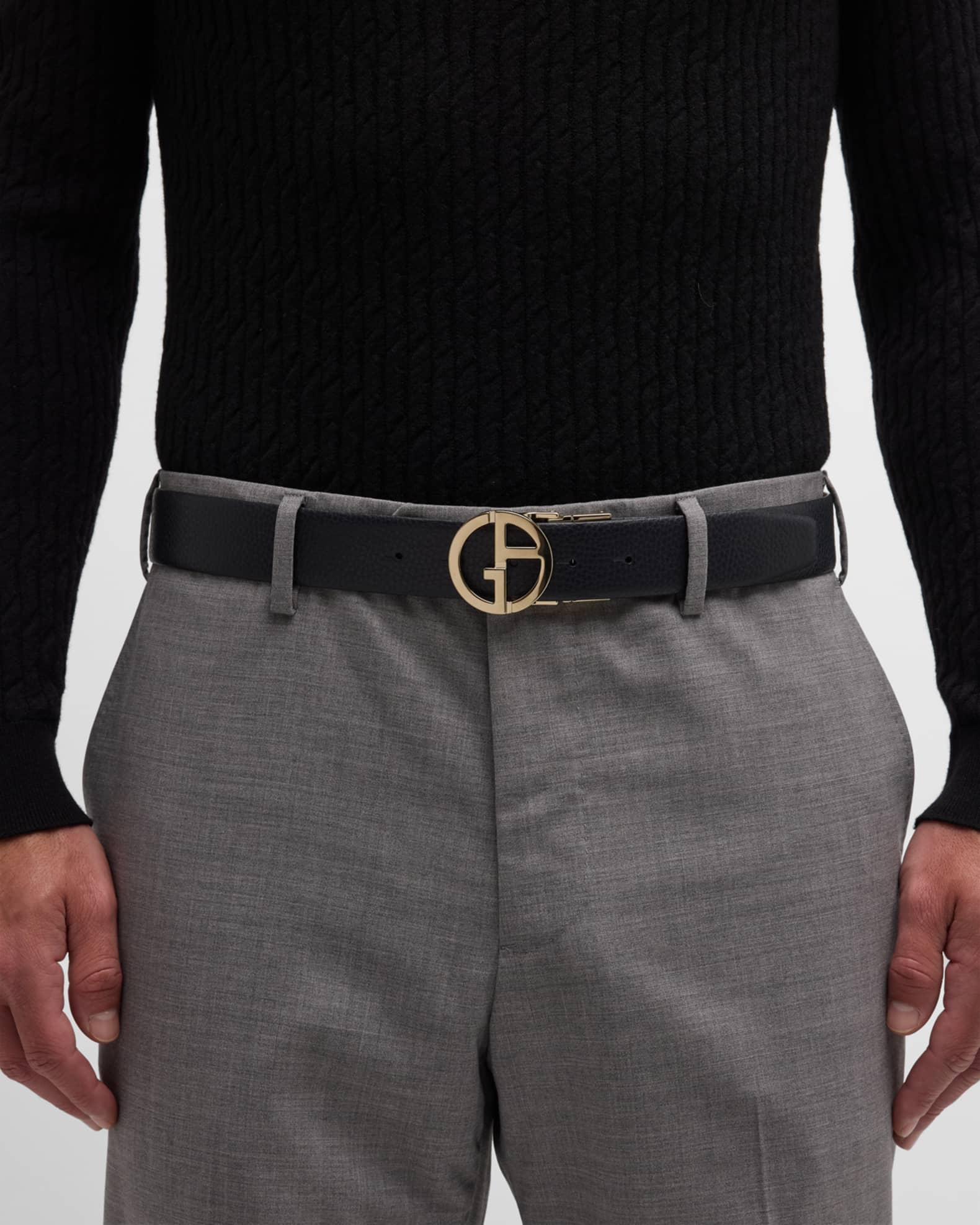 Giorgio Armani Men's Monogram-Buckle Leather Belt | Neiman Marcus