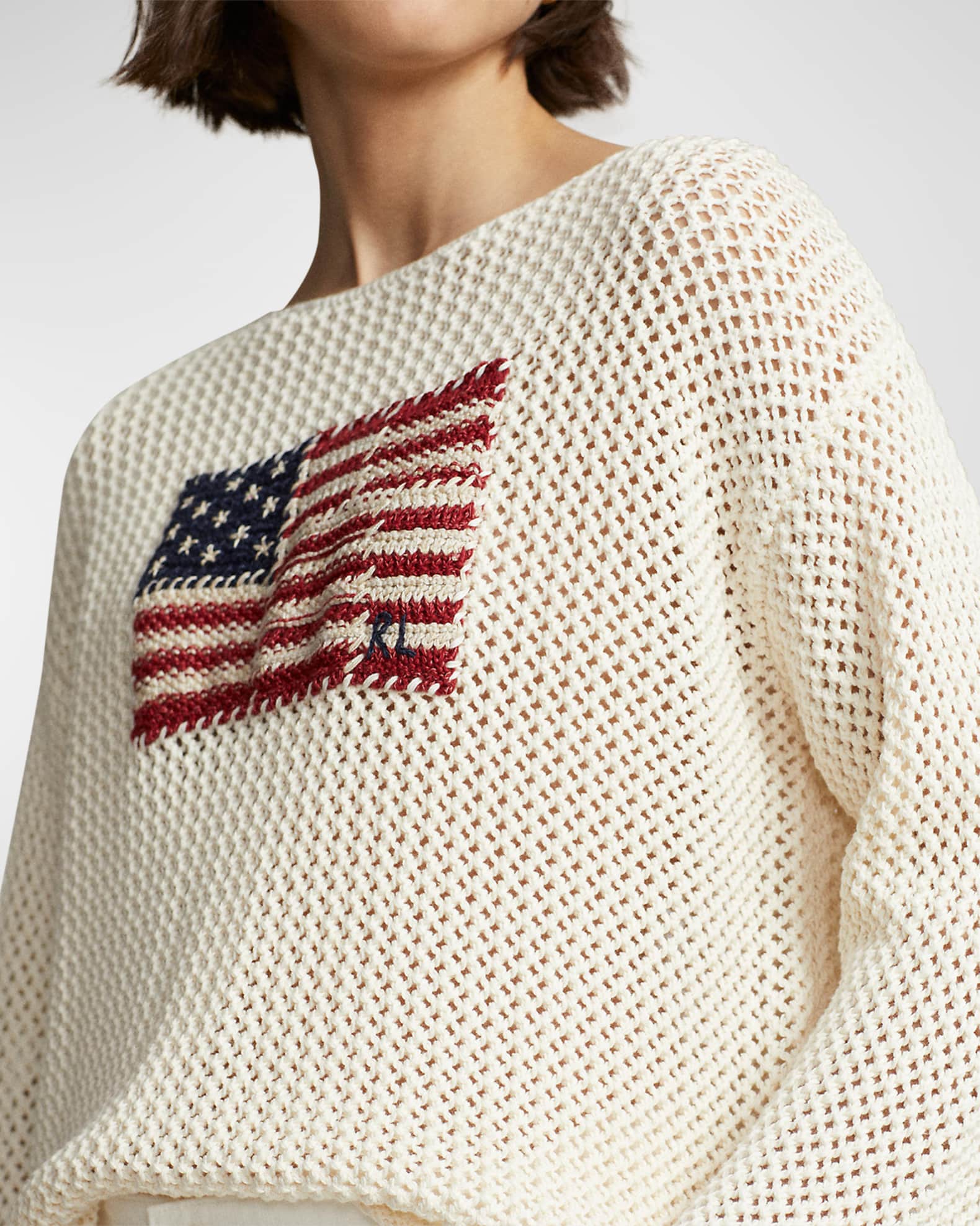 Polo Ralph Lauren Patchwork-Flag Cotton-Linen Sweater | Neiman Marcus