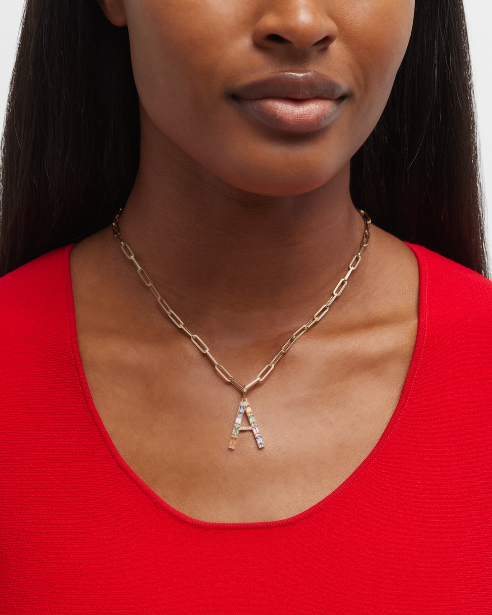 14K Yellow Gold Initial A Multi-Color Sapphire and Diamond Pendant  1