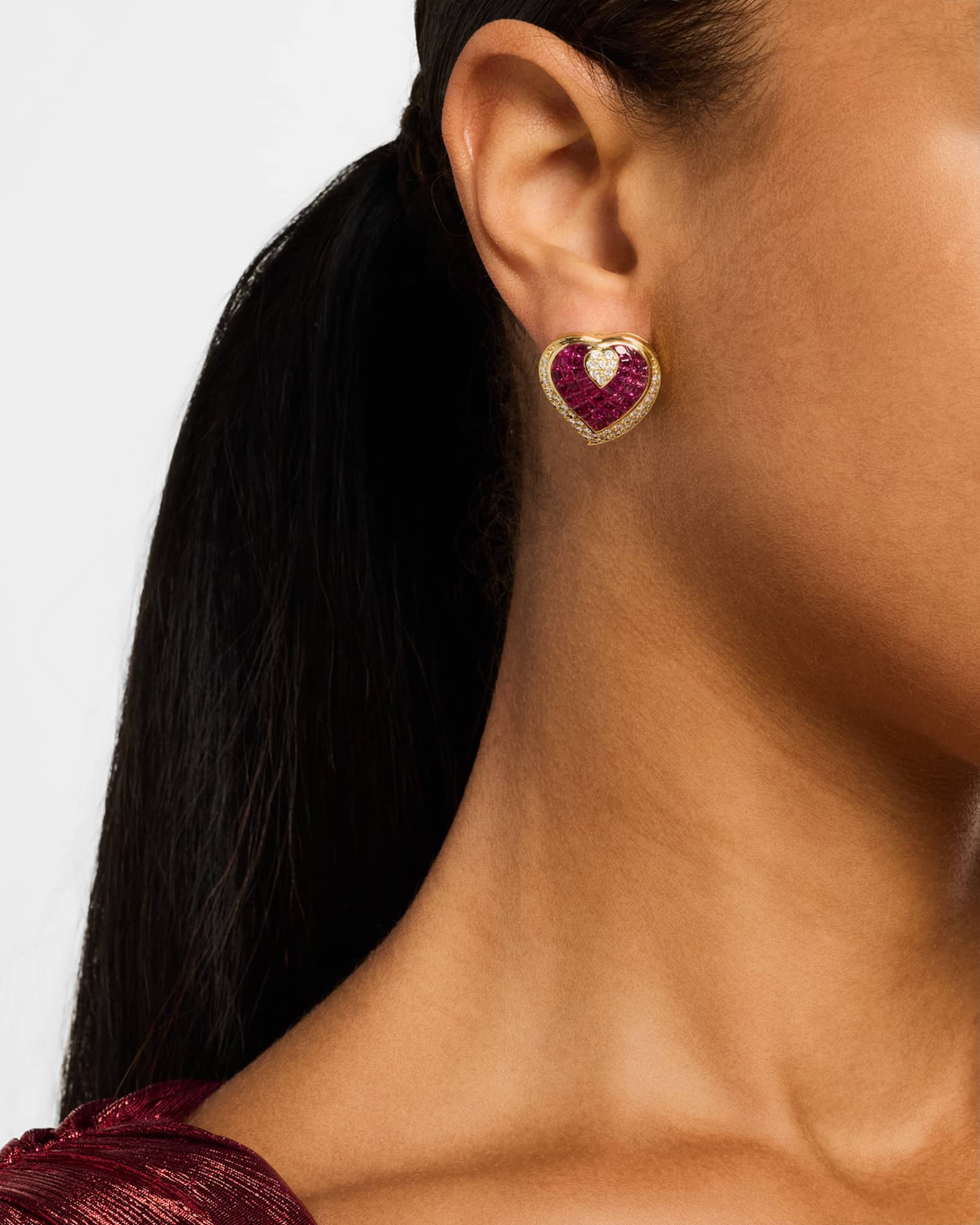 Estate 18K Yellow Gold Pave Diamond and Invisible Set Ruby Heart Earrings 1