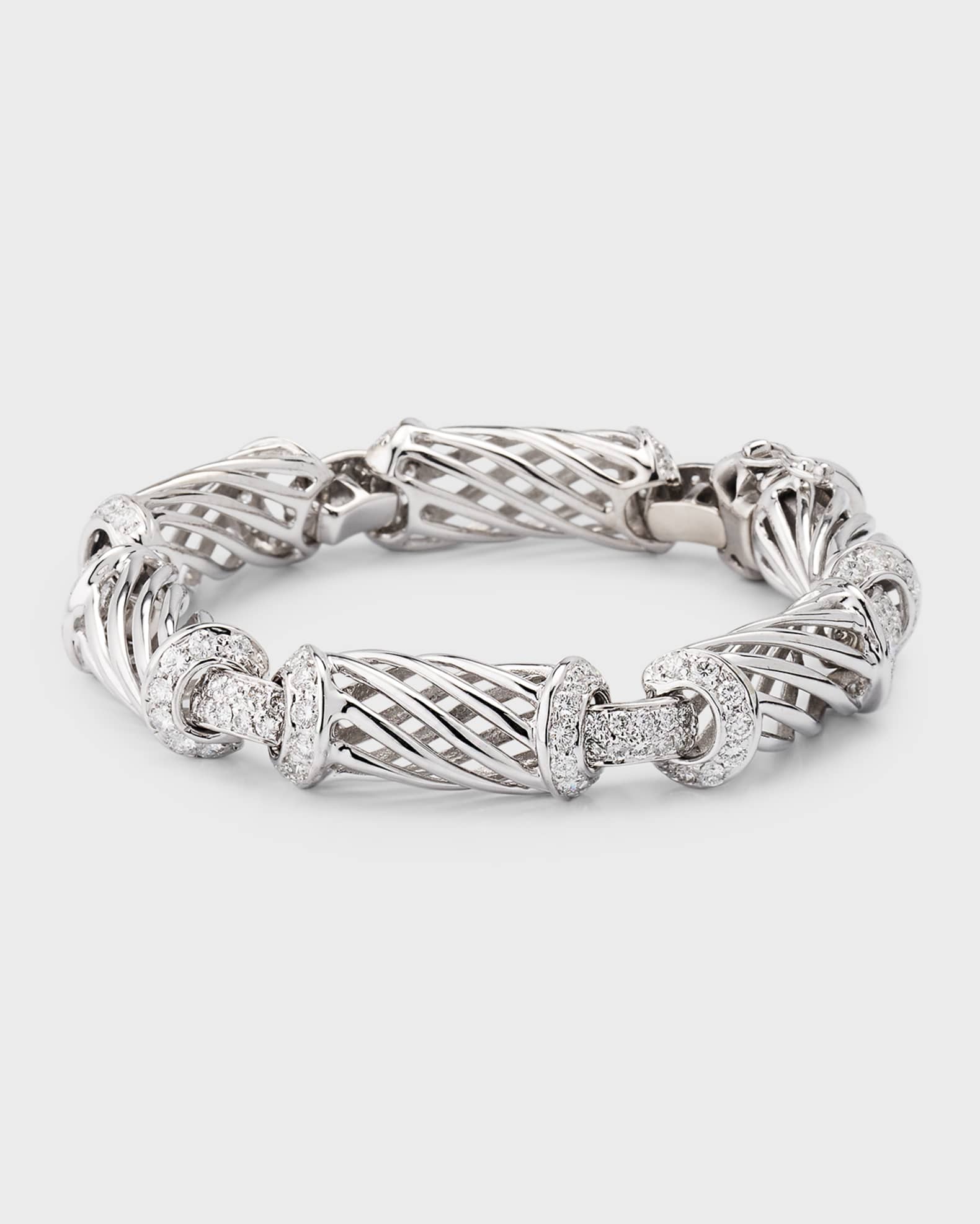 Estate 18K White Gold Open Swirl and Wire Grill Link Bracelet with 144 Diamonds 0