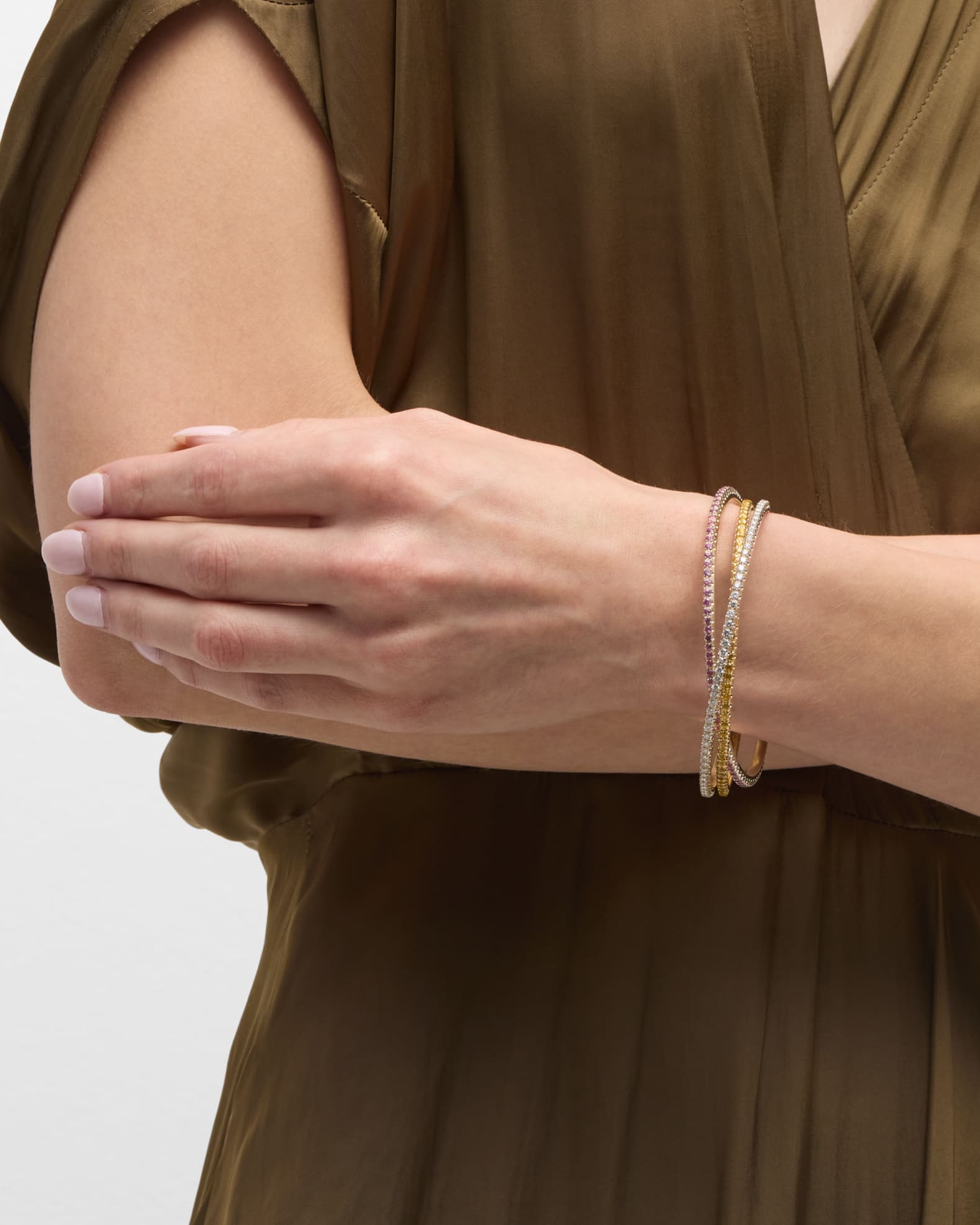 Estate 18K White and Yellow Gold Diamond, Yellow Sapphire and Pink Sapphire Bangles, Set of 3 1