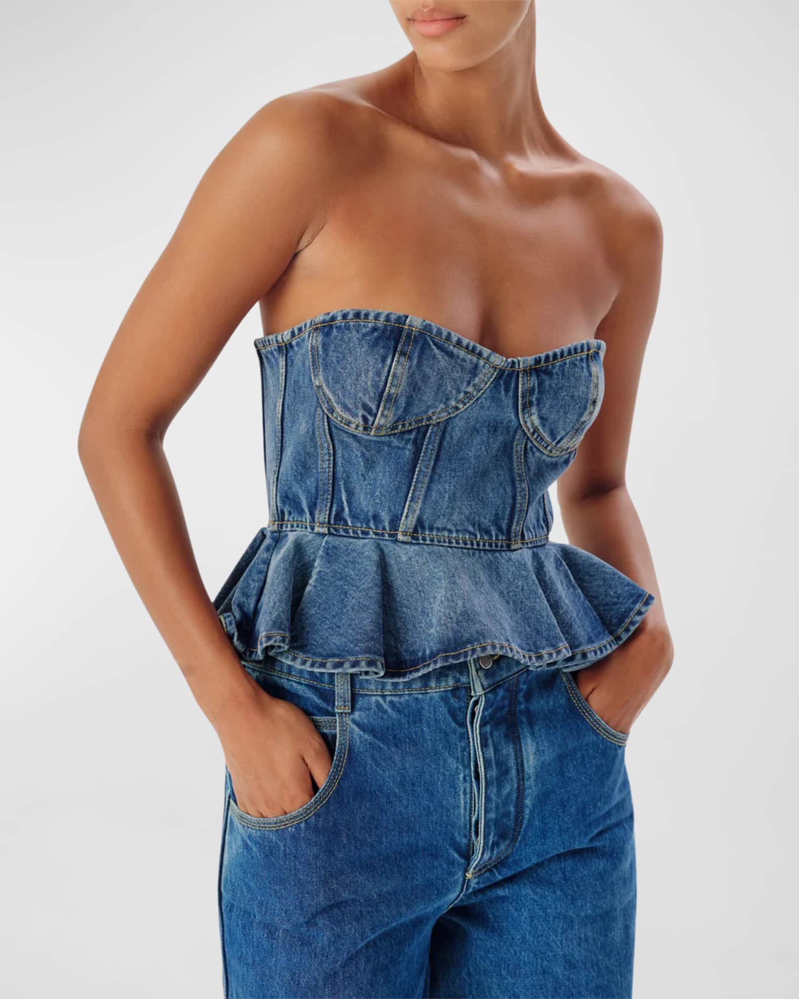 Ronny Kobo Dallas Denim Strapless Bustier Peplum Top Neiman Marcus — free download