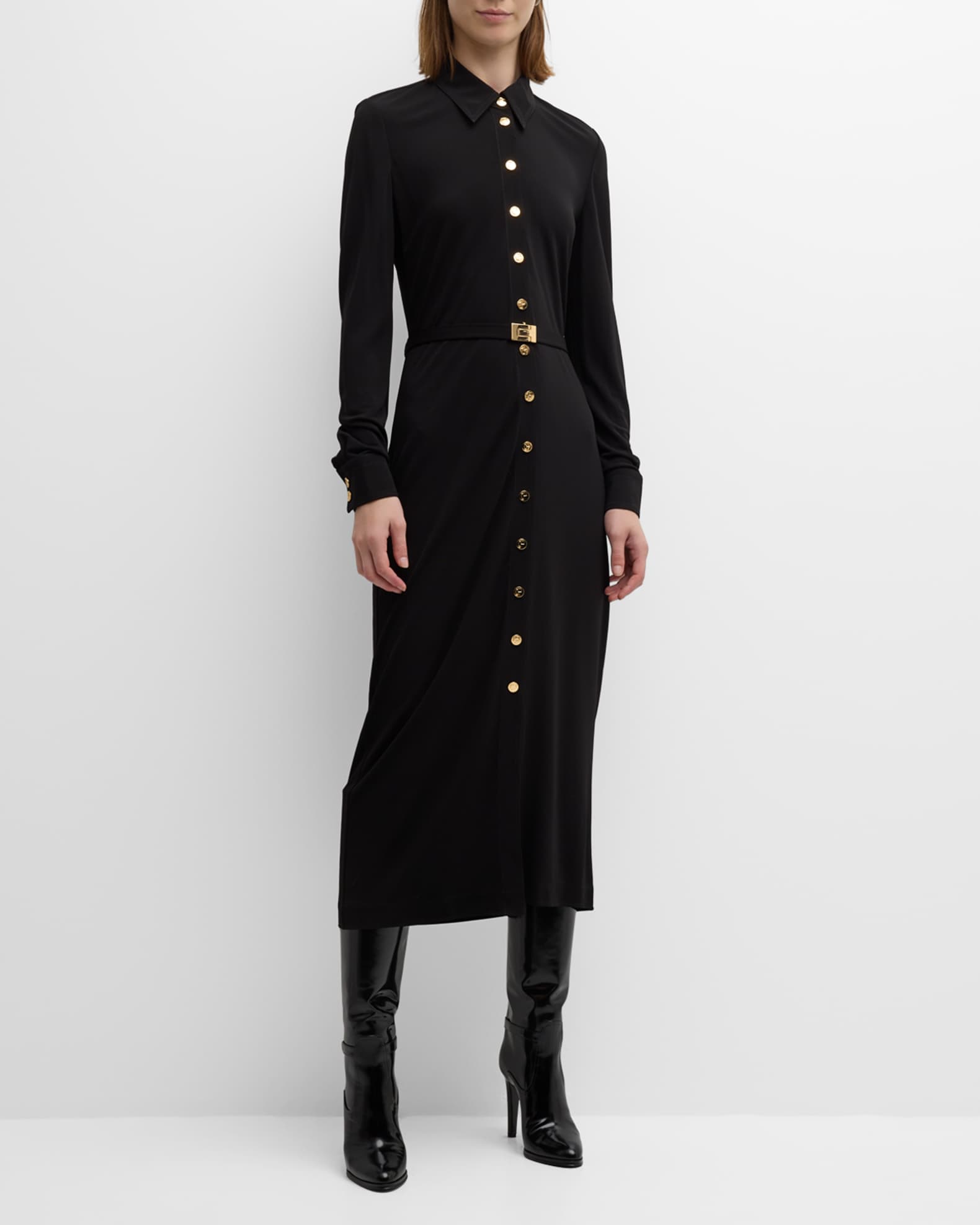 Button Through Belted Collared Jersey Dress