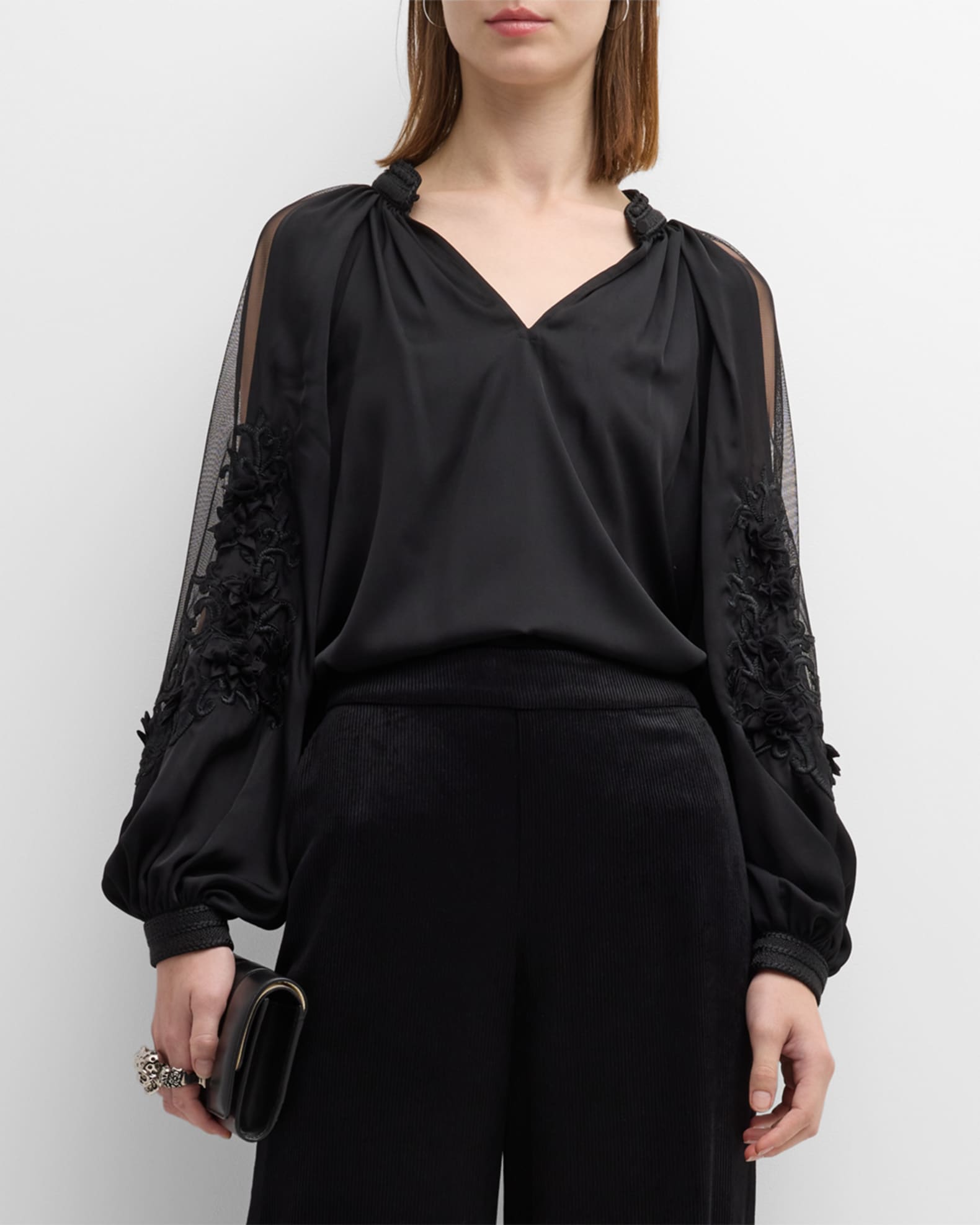 Kobi Halperin Joyce Embroidered Blouson-Sleeve Silk Blouse