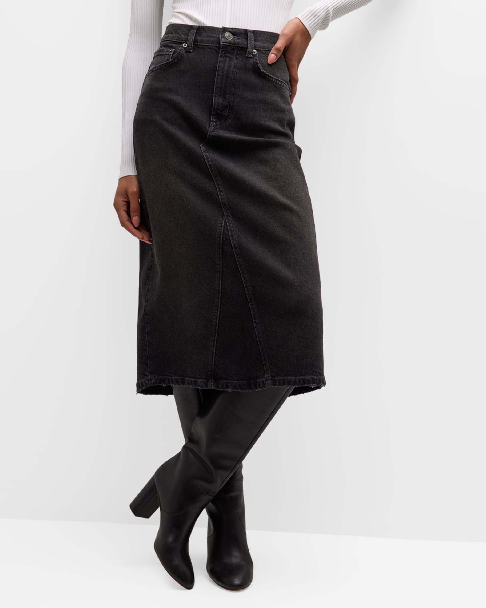 High-Waisted A-Line Denim Midi Skirt