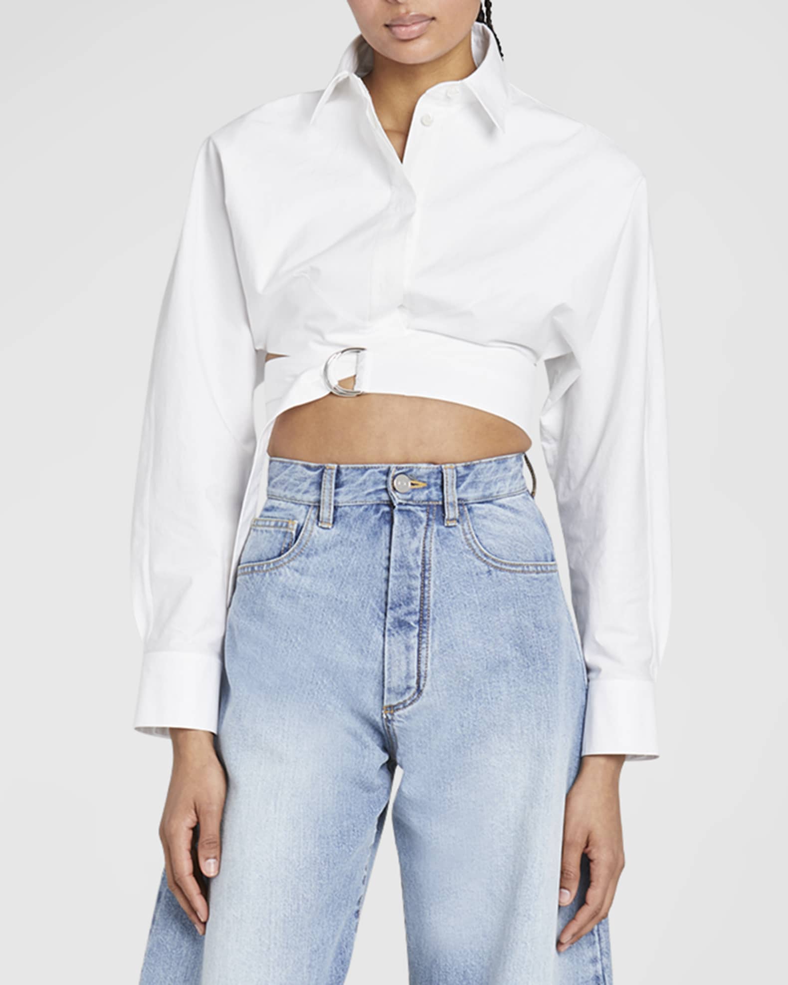 ALAIA Crossover Waist Crop Collared Shirt | Neiman Marcus
