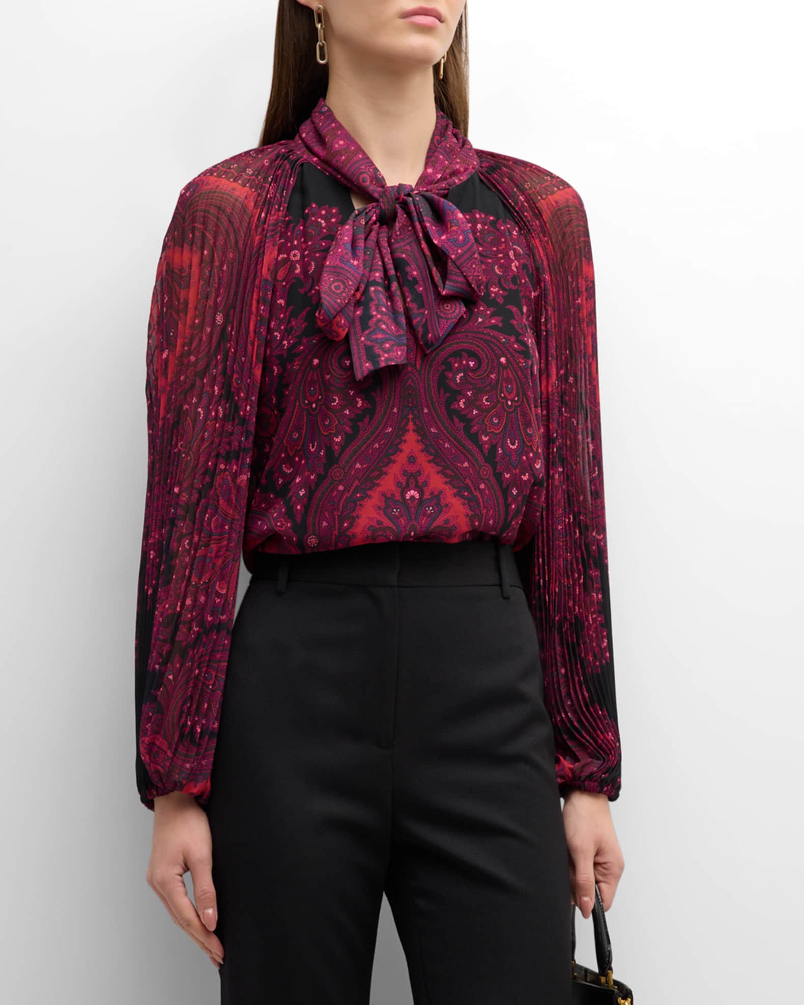 Red Paisley Print Deep Neck Blouse with full sleeve and Black