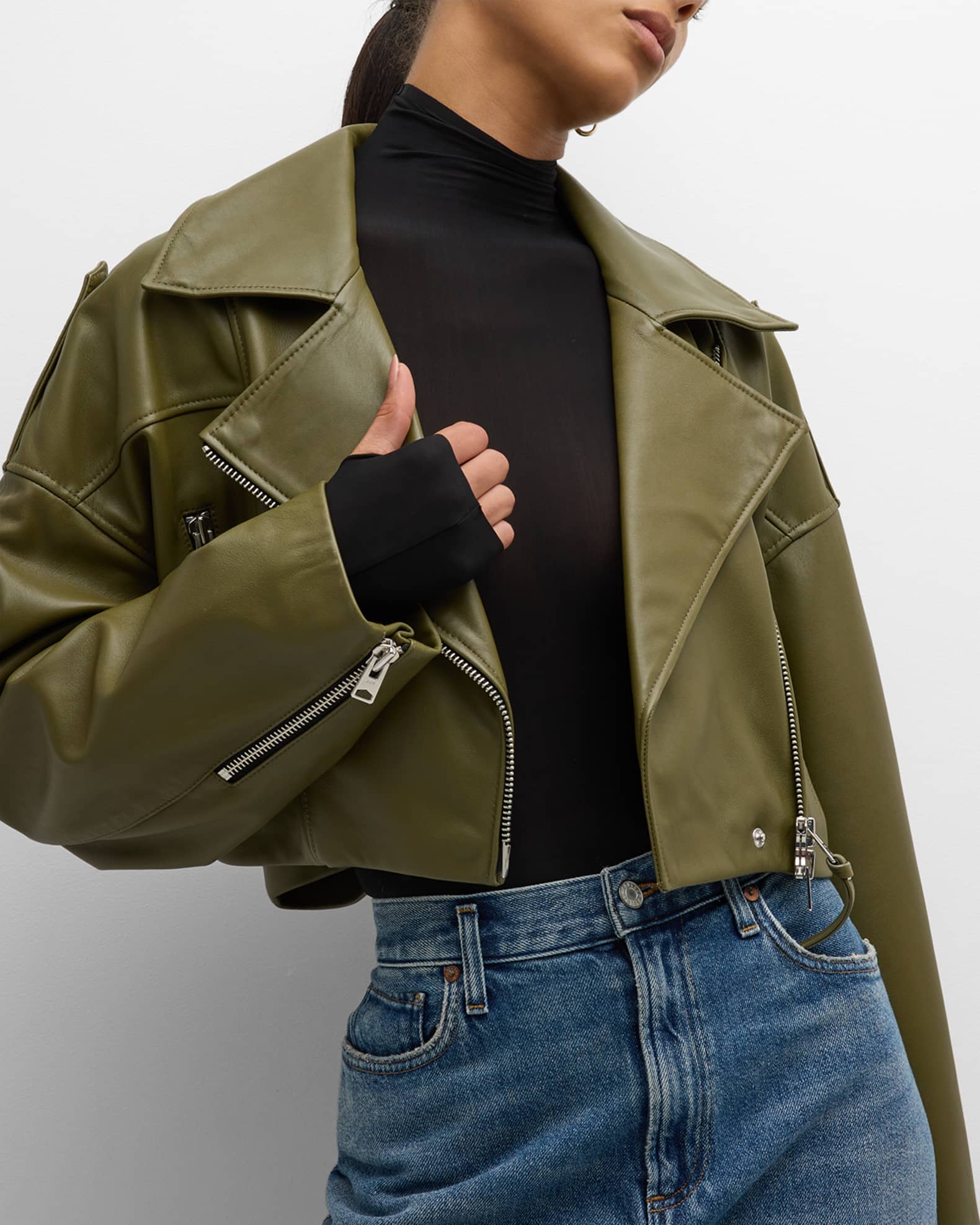 AGOLDE Remi Cropped Leather Biker Jacket | Neiman Marcus
