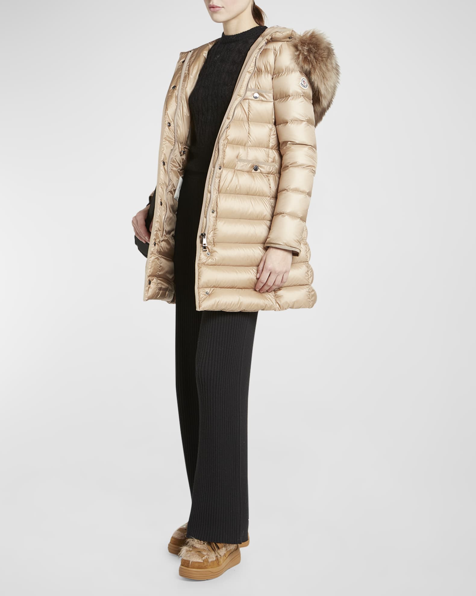 Moncler Hirmafur Long Puffer Coat with Shearling Ruff | Neiman Marcus