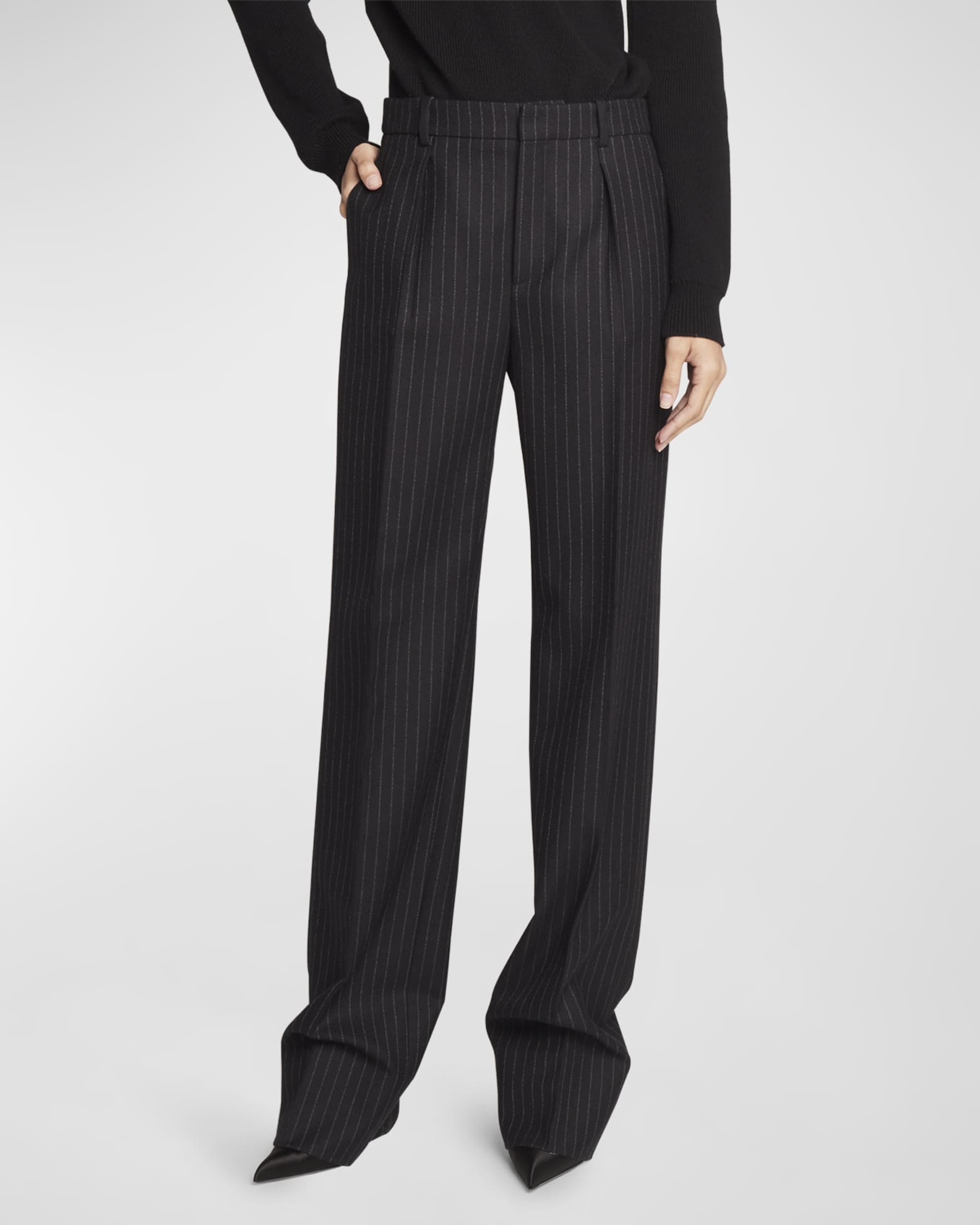 Saint Laurent Pleated Straight Leg Pinstripe Pants Neiman Marcus