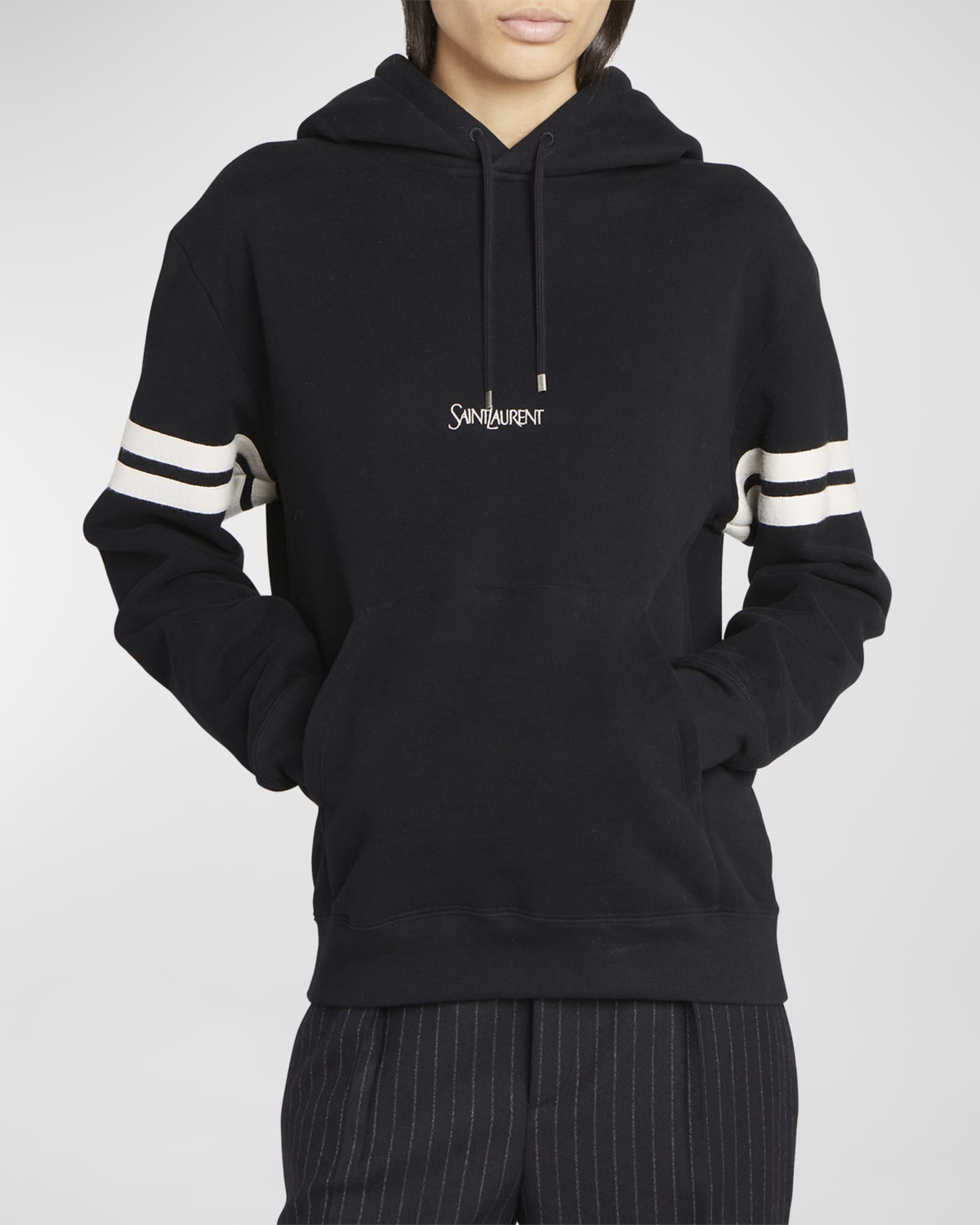 Logo Embroidered Stripe-Sleeve Hoodie