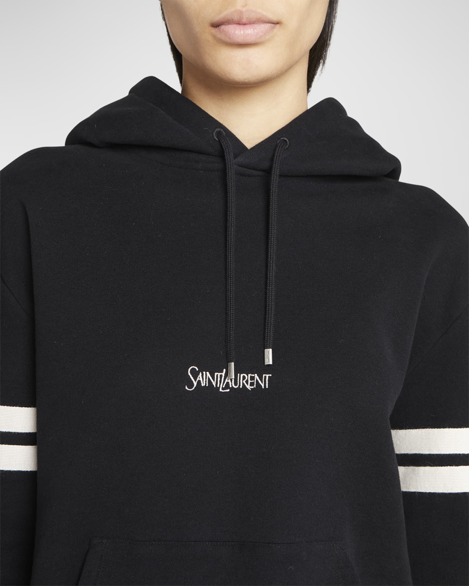 Saint Laurent Logo Embroidered Stripe-Sleeve Hoodie | Neiman Marcus