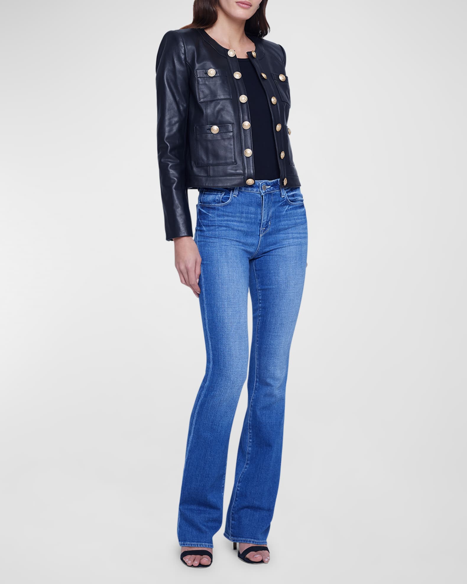 Navy collarless leather jacket shop