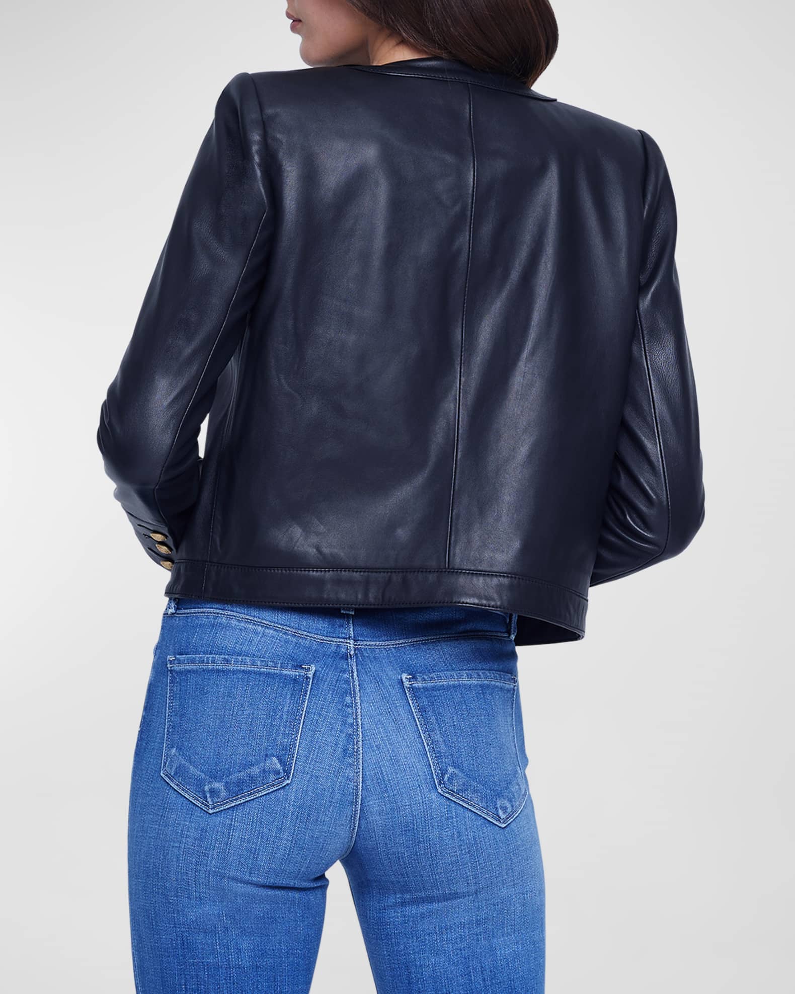Navy collarless leather jacket clearance