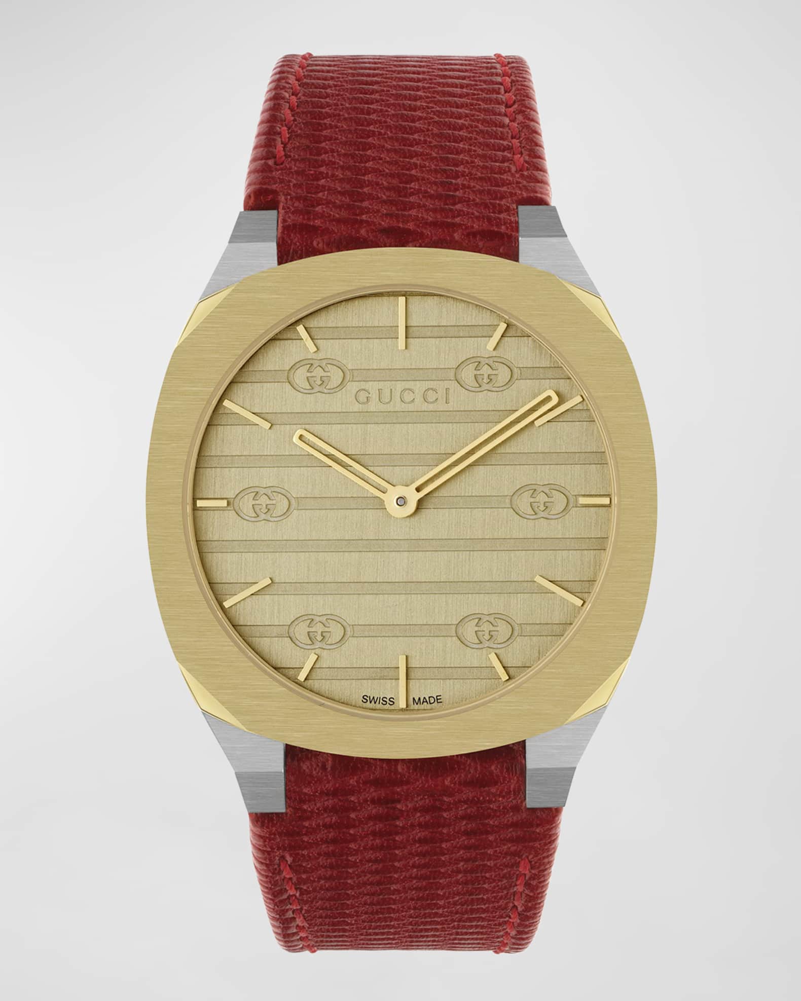 Gucci 34mm 25H Quartz Watch with Leather Strap, Red | Neiman Marcus