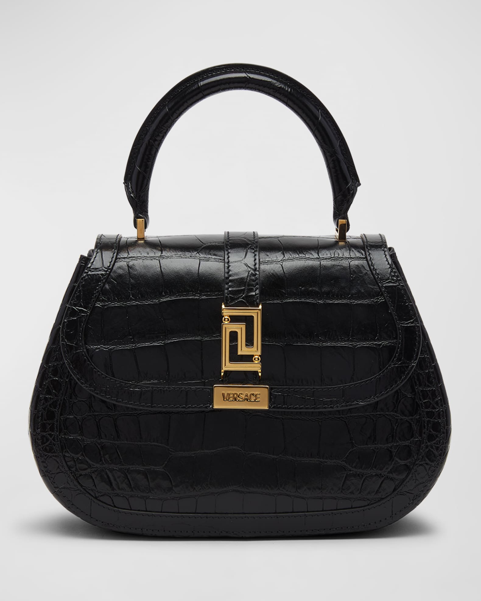 Versace Greca Goddess Medium Croc-Embossed Top-Handle Bag | Neiman Marcus