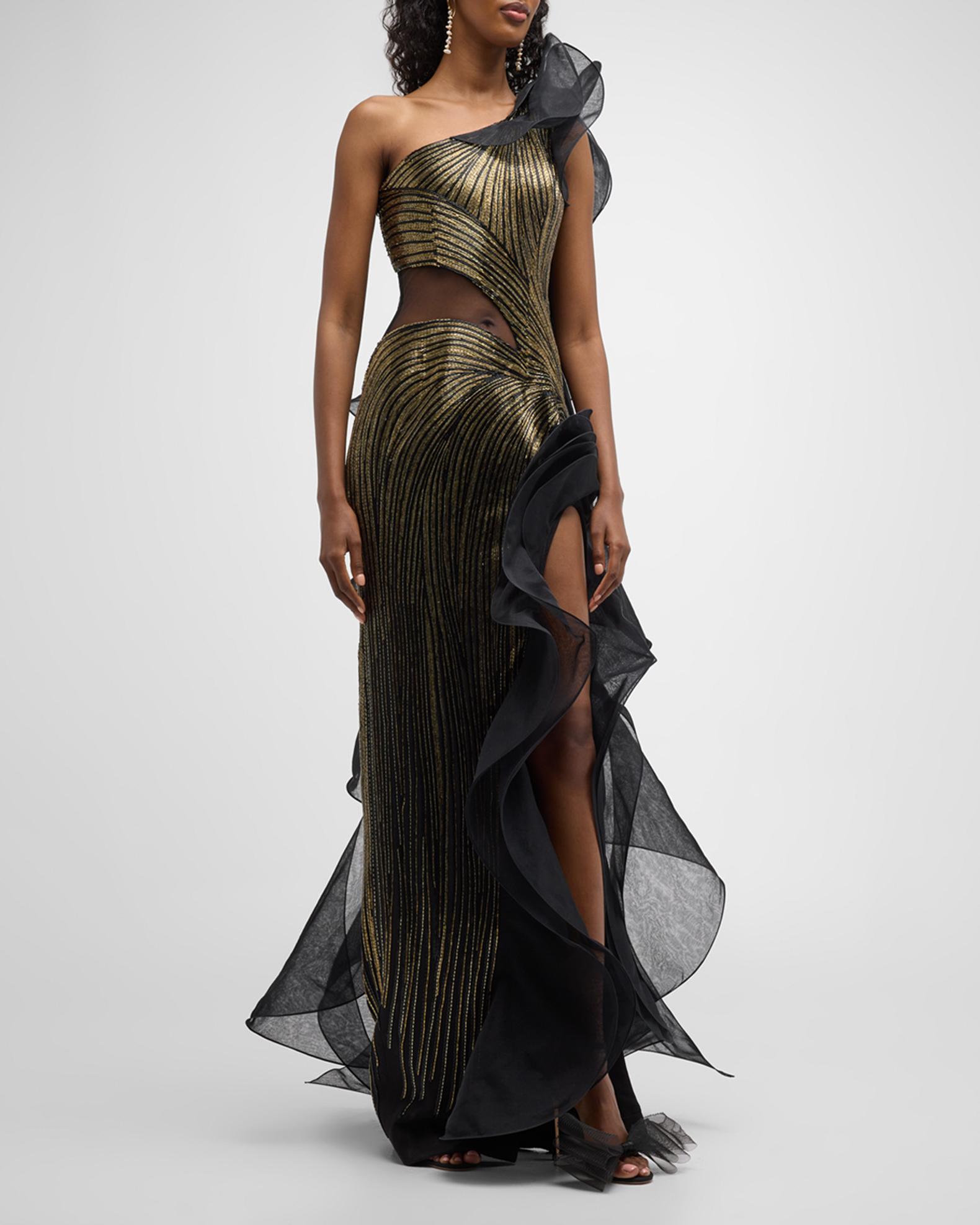 Gaurav Gupta Spiraling Ruffle Cutout Beaded Gown | Neiman Marcus
