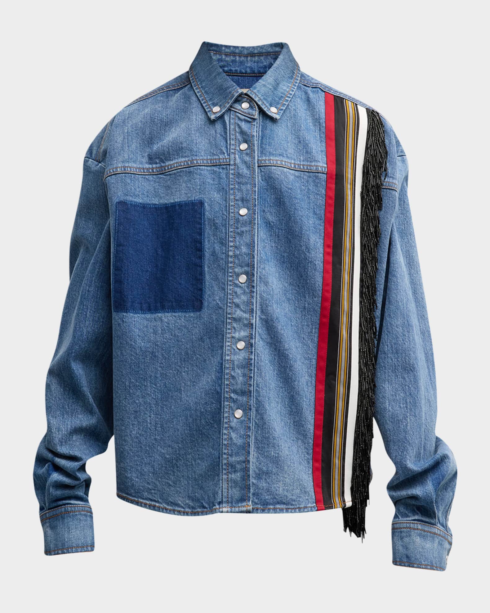 Hellessy Keiko Ribbon-Trim Beaded-Fringe Denim Collared Shirt