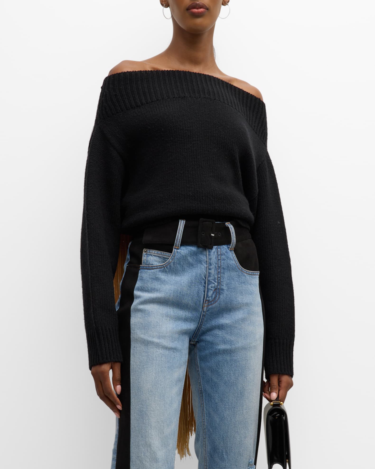 Off the shoulder sweater with fringe clearance