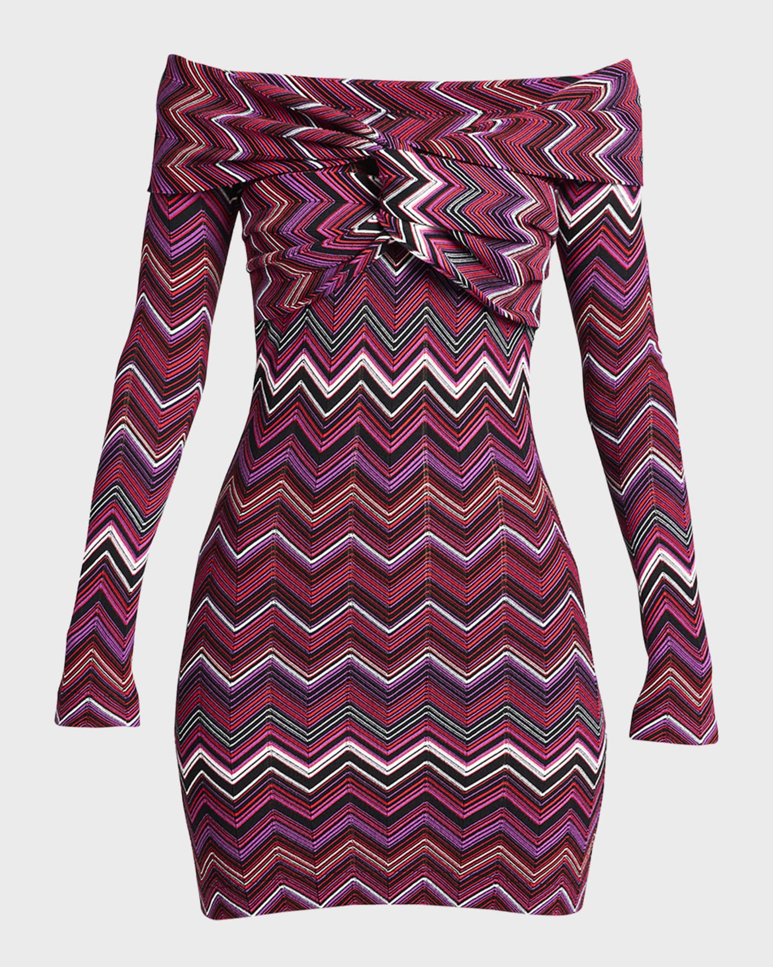 Chevron Twisted Off The Shoulder Long Sleeve Mini Dress