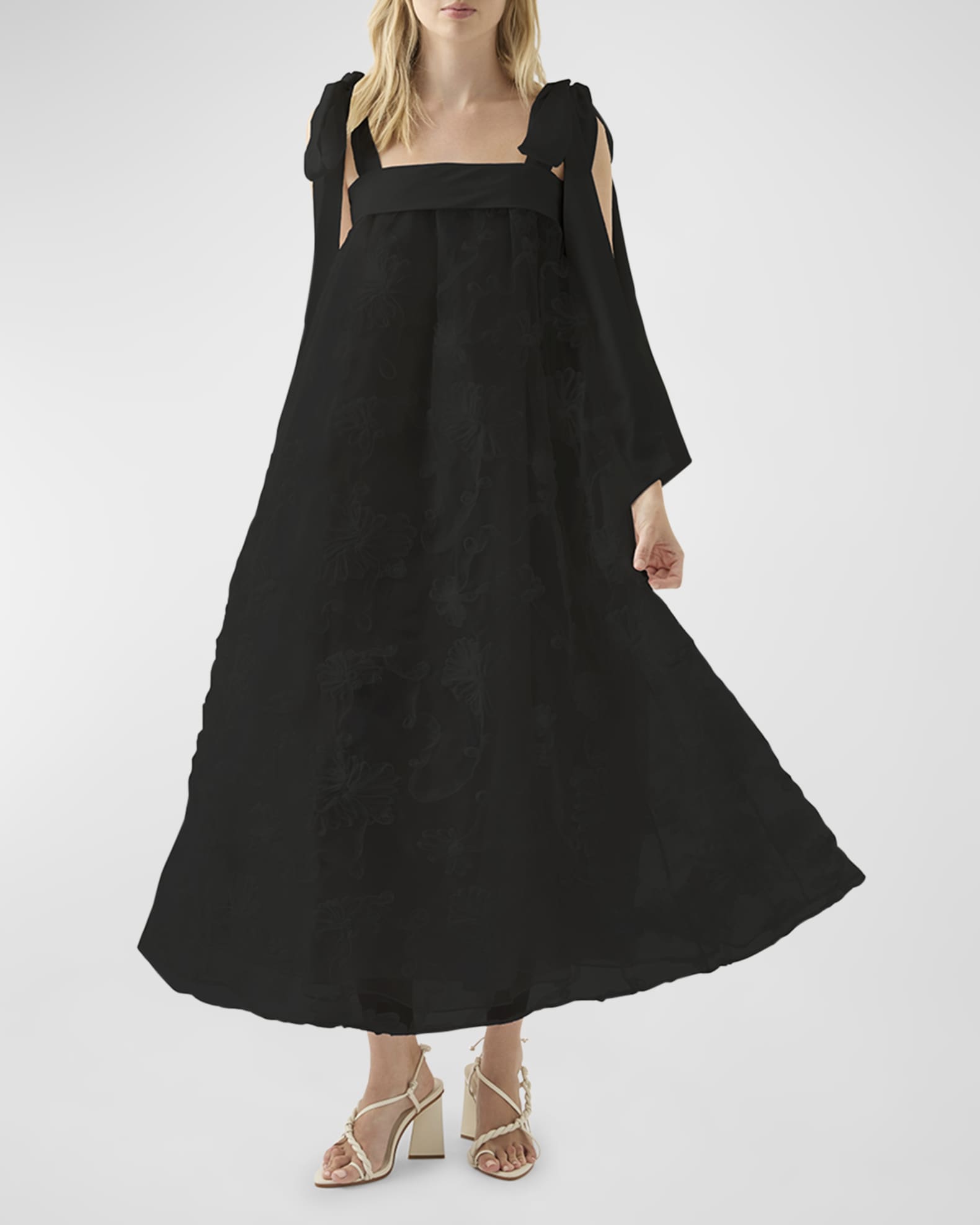 Aje Ursula Tie-Shoulder Floral Appliqué Midi Dress | Neiman Marcus
