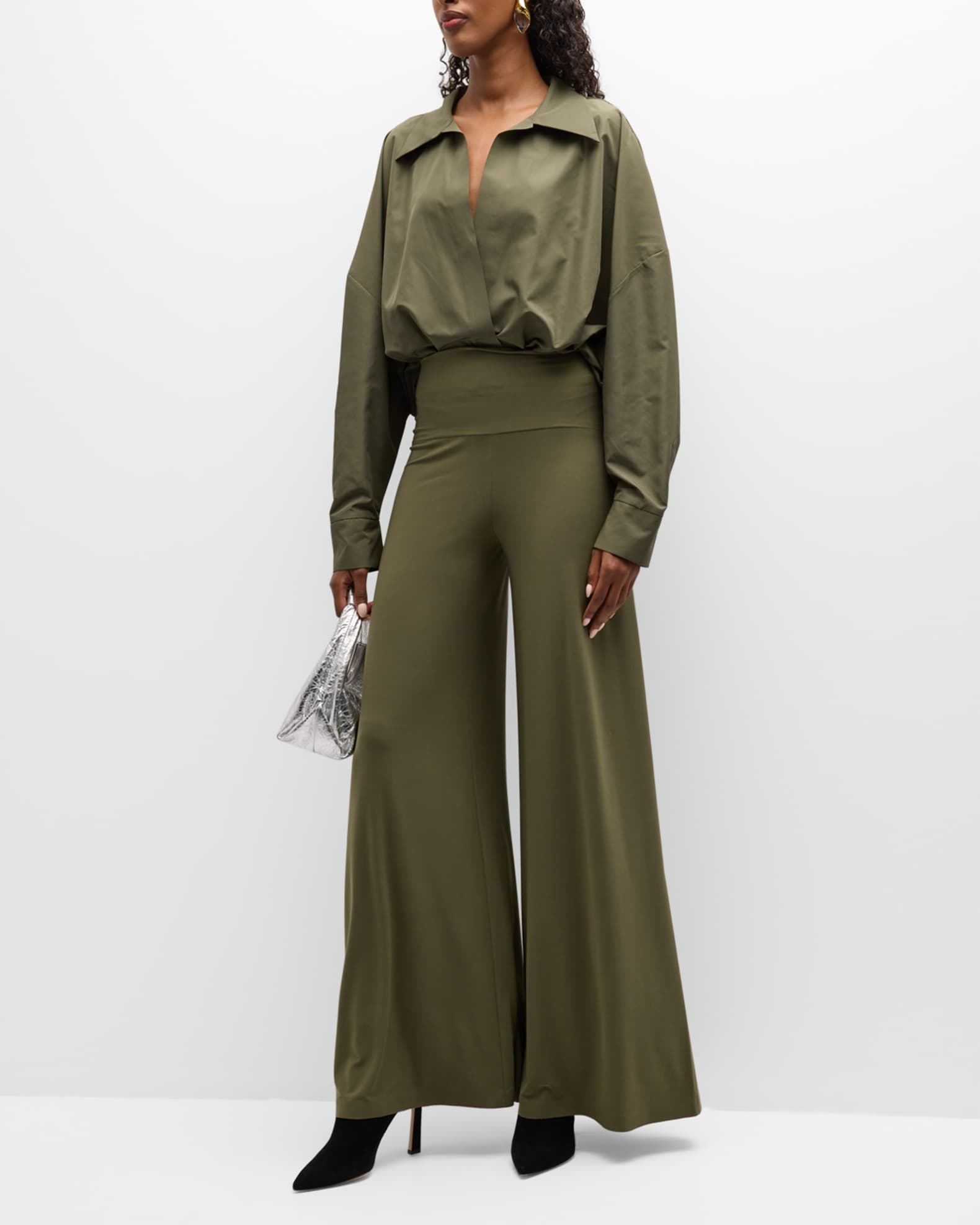 Norma Kamali Oversized Boyfriend Shirt Plunge Bodysuit Neiman Marcus