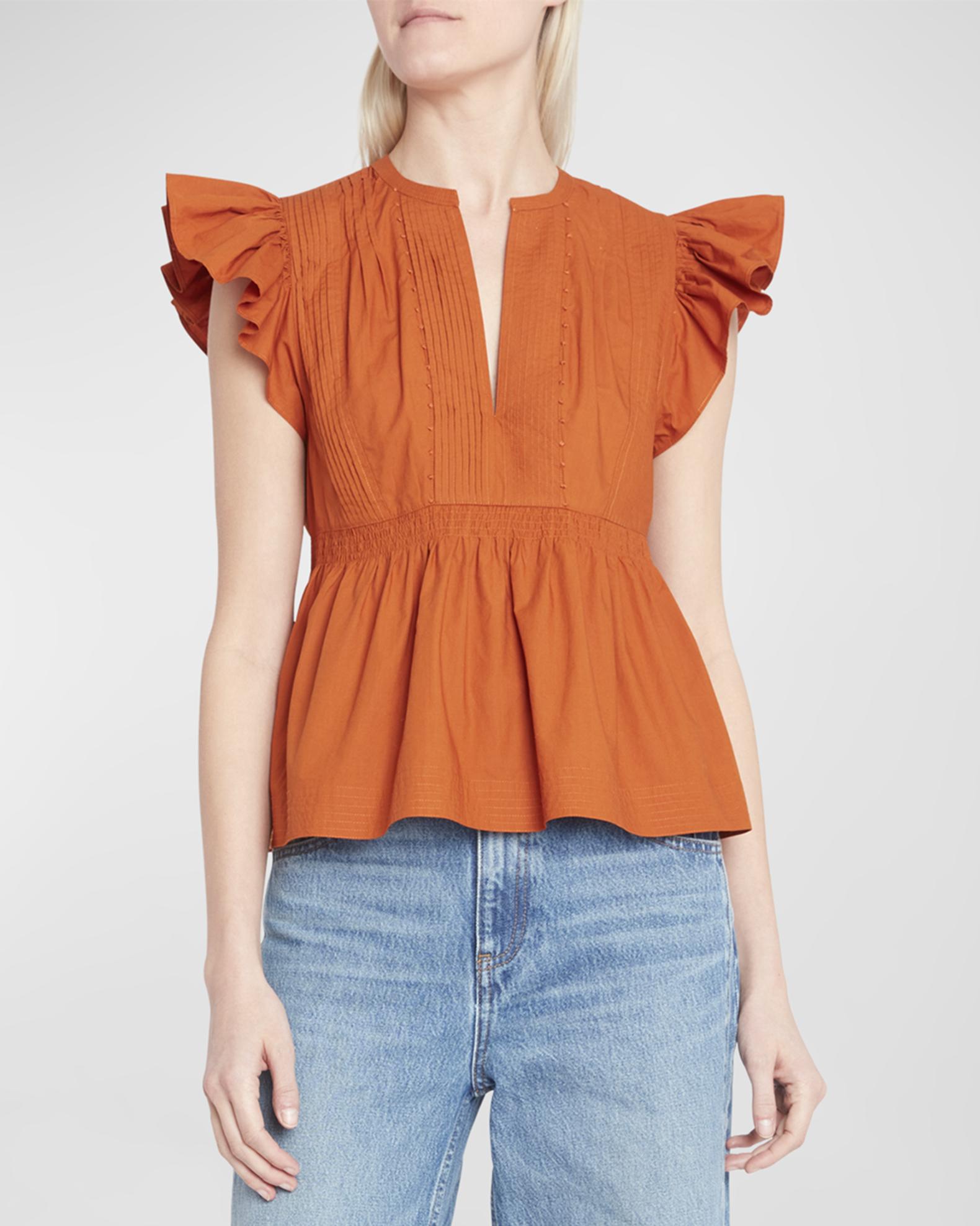 Ulla Johnson Luise Ruffle-Sleeve Cotton Poplin Top | Neiman Marcus