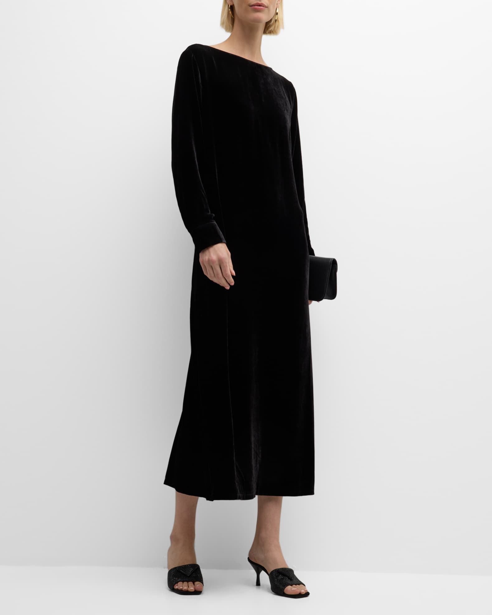 Eileen Fisher Bateau-Neck Velvet Midi Shift Dress | Neiman Marcus
