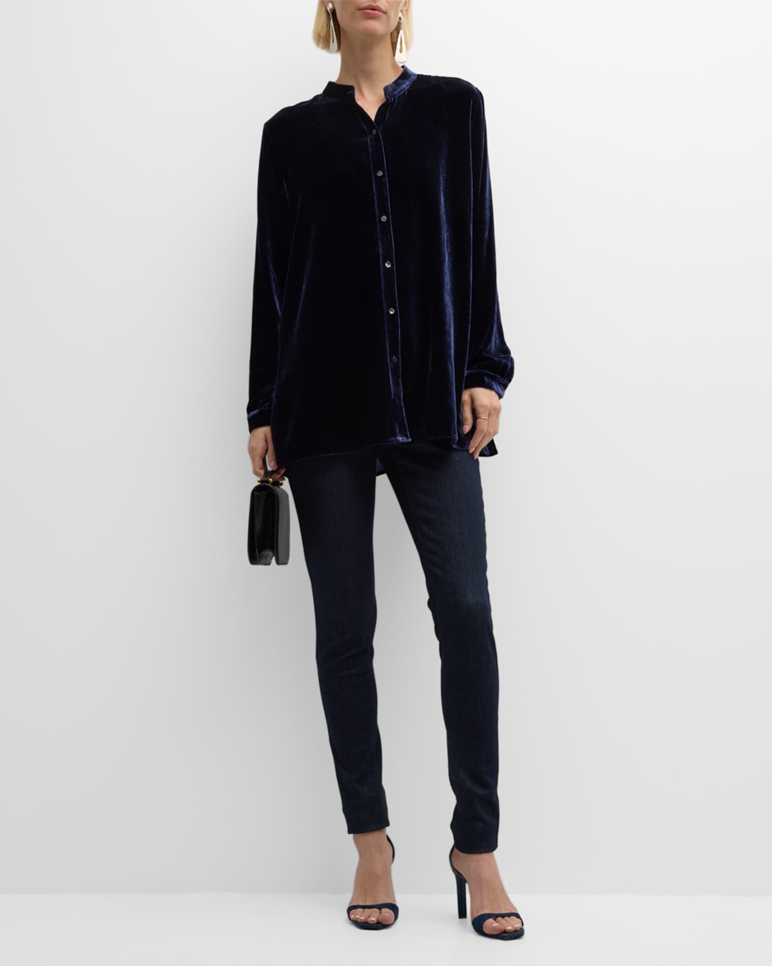 Eileen Fisher Band-Collar Button-Down Velvet Shirt | Neiman Marcus