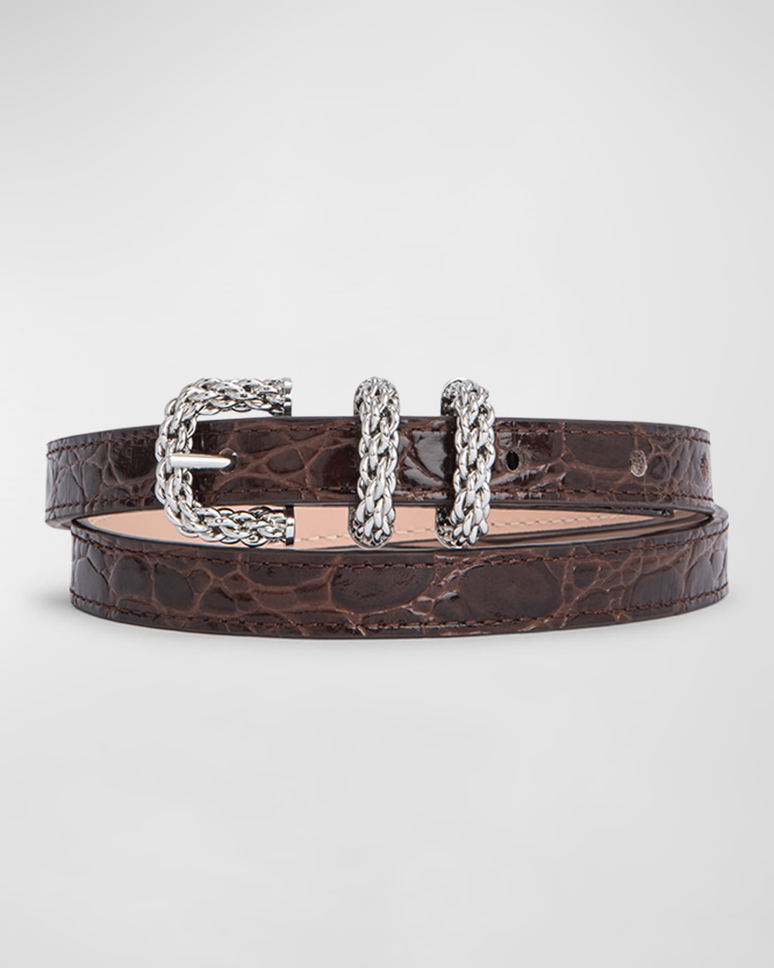 BY FAR Kat Croc-Embossed Leather Skinny Belt