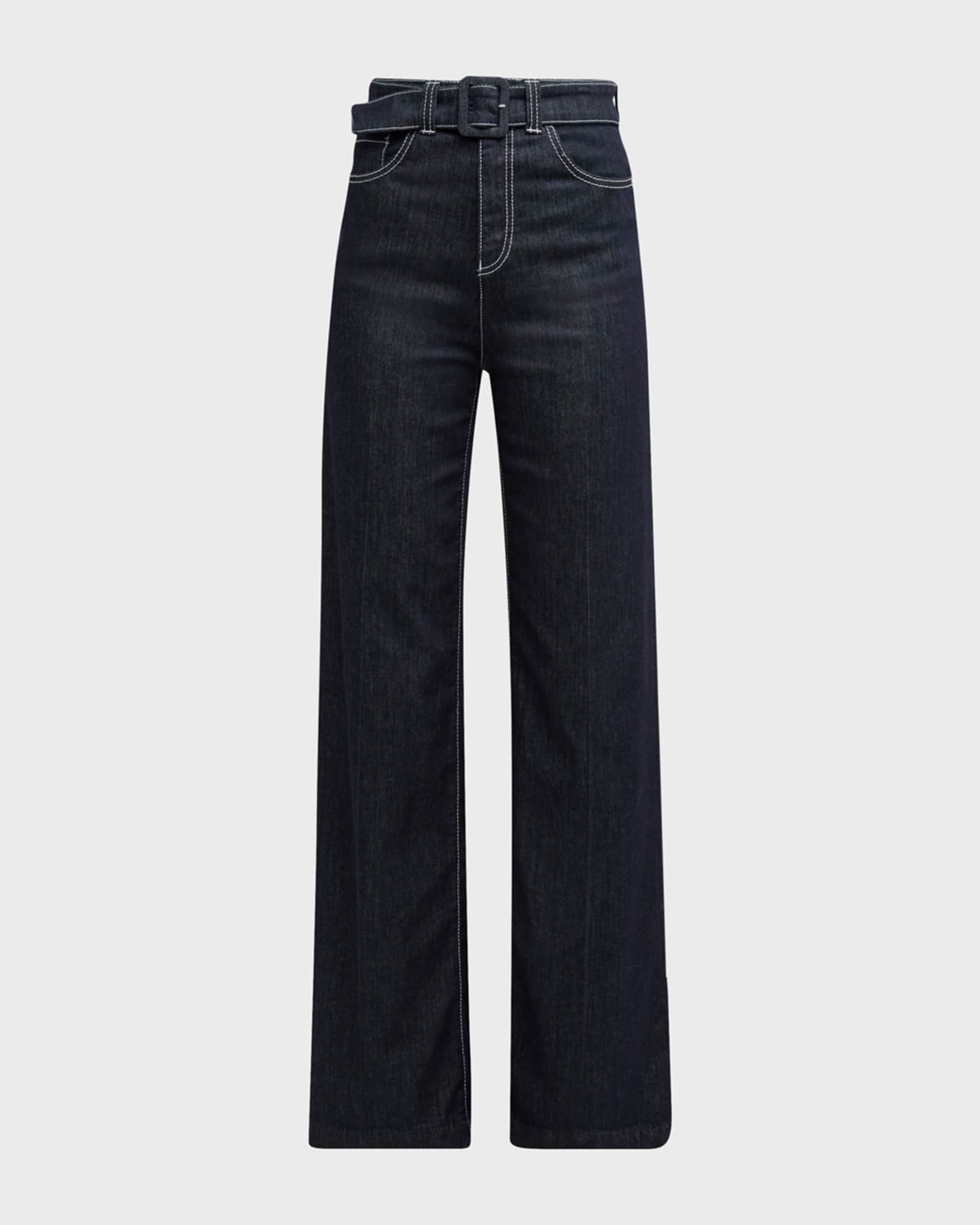 High Rise Belted Denim Wide Jeans