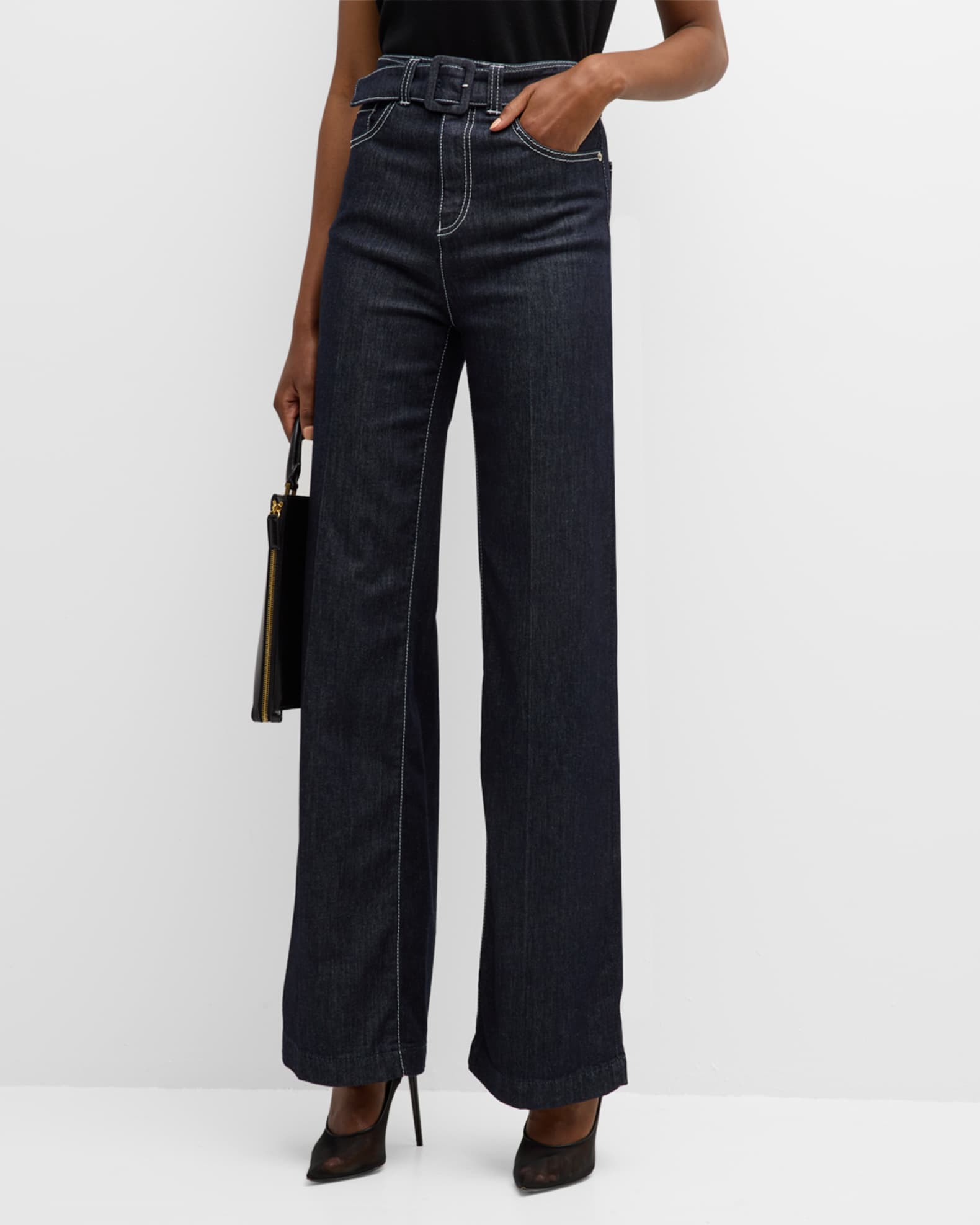 Emporio Armani High-Rise Belted Boot-Cut Jeans | Neiman Marcus