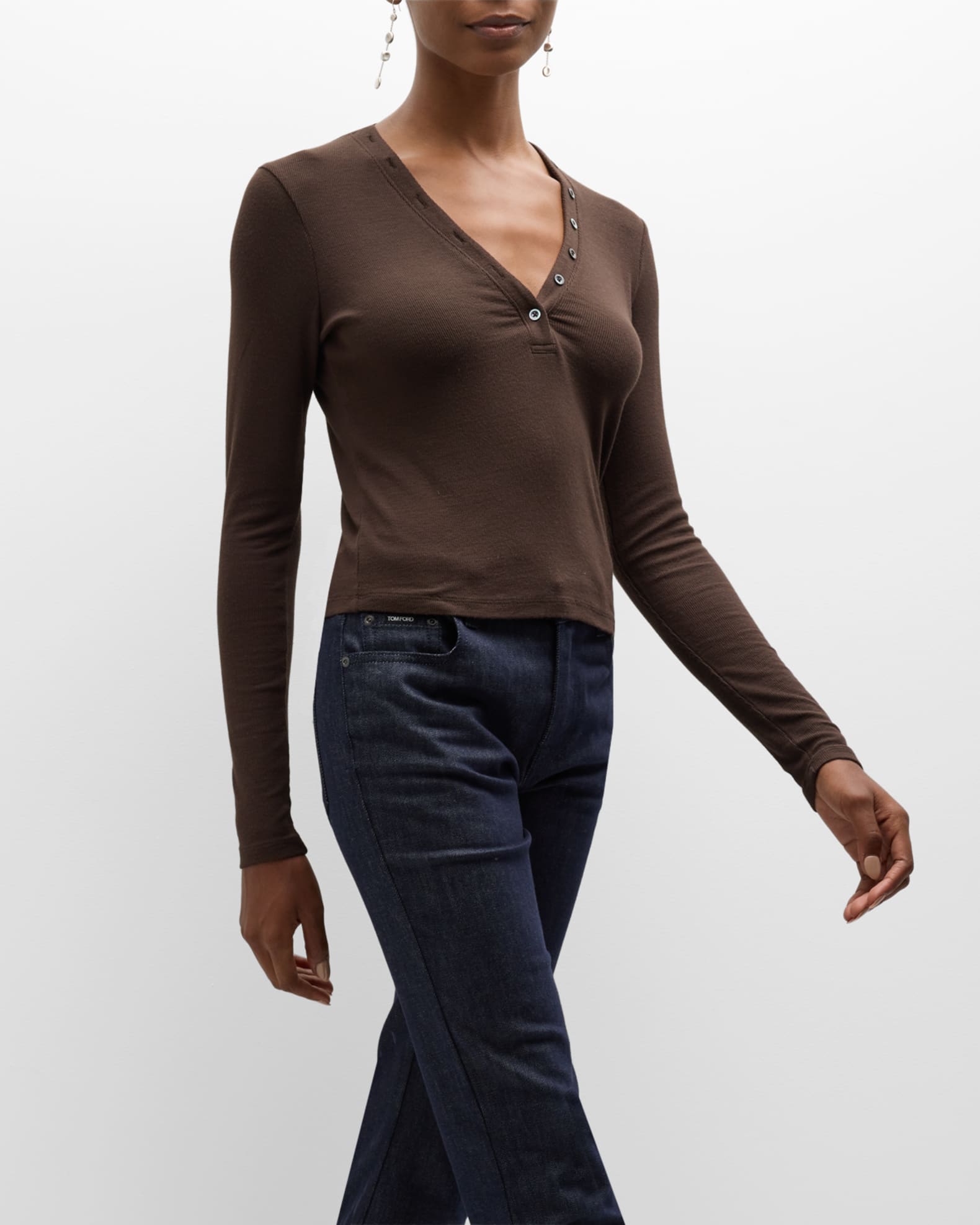 Long-Sleeve Rib-Knit Henley T-Shirt for Women