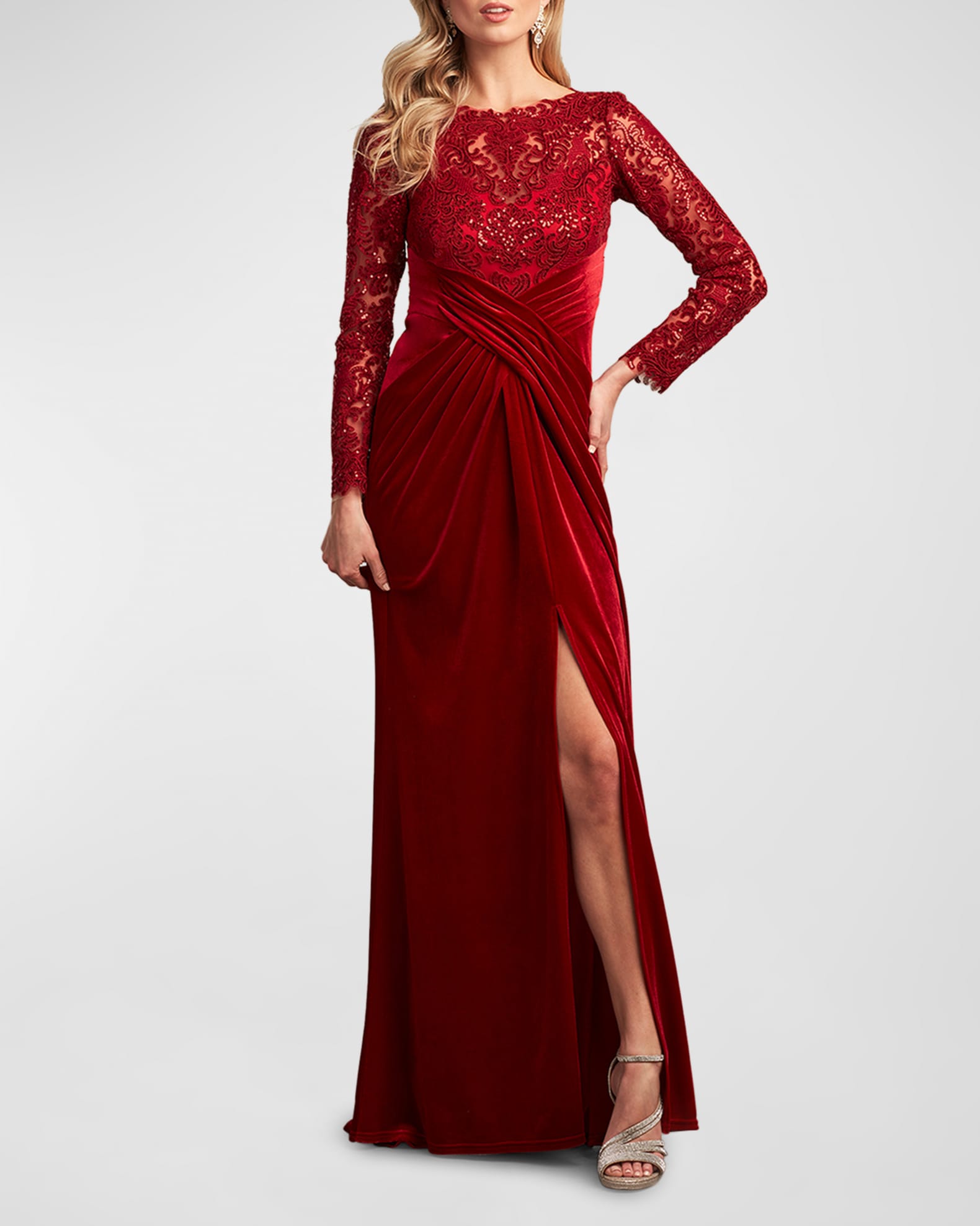 Tadashi Shoji Pleated Sequin Lace & Velvet Gown Neiman Marcus