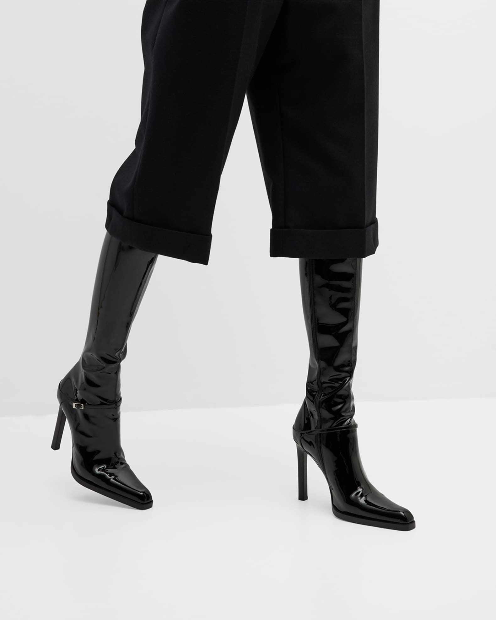 Saint Laurent Nina Patent Buckle Stiletto Knee Boots | Neiman Marcus