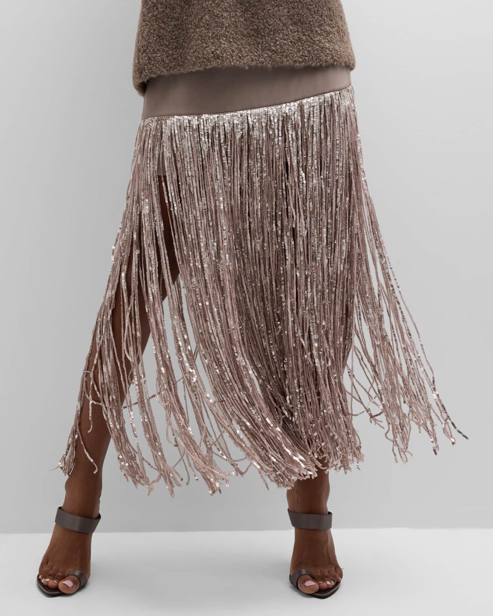 Tanya Taylor Florence Metallic Fringe Embroidered Midi Skirt