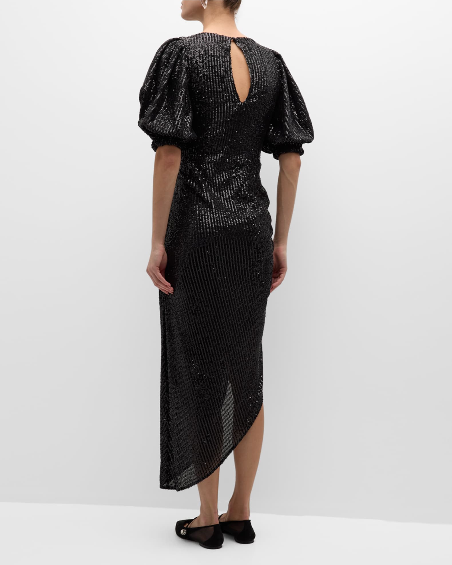 IN THE MOOD FOR LOVE Sahar Sequin Puff-Sleeve Asymmetric Midi Dress ...