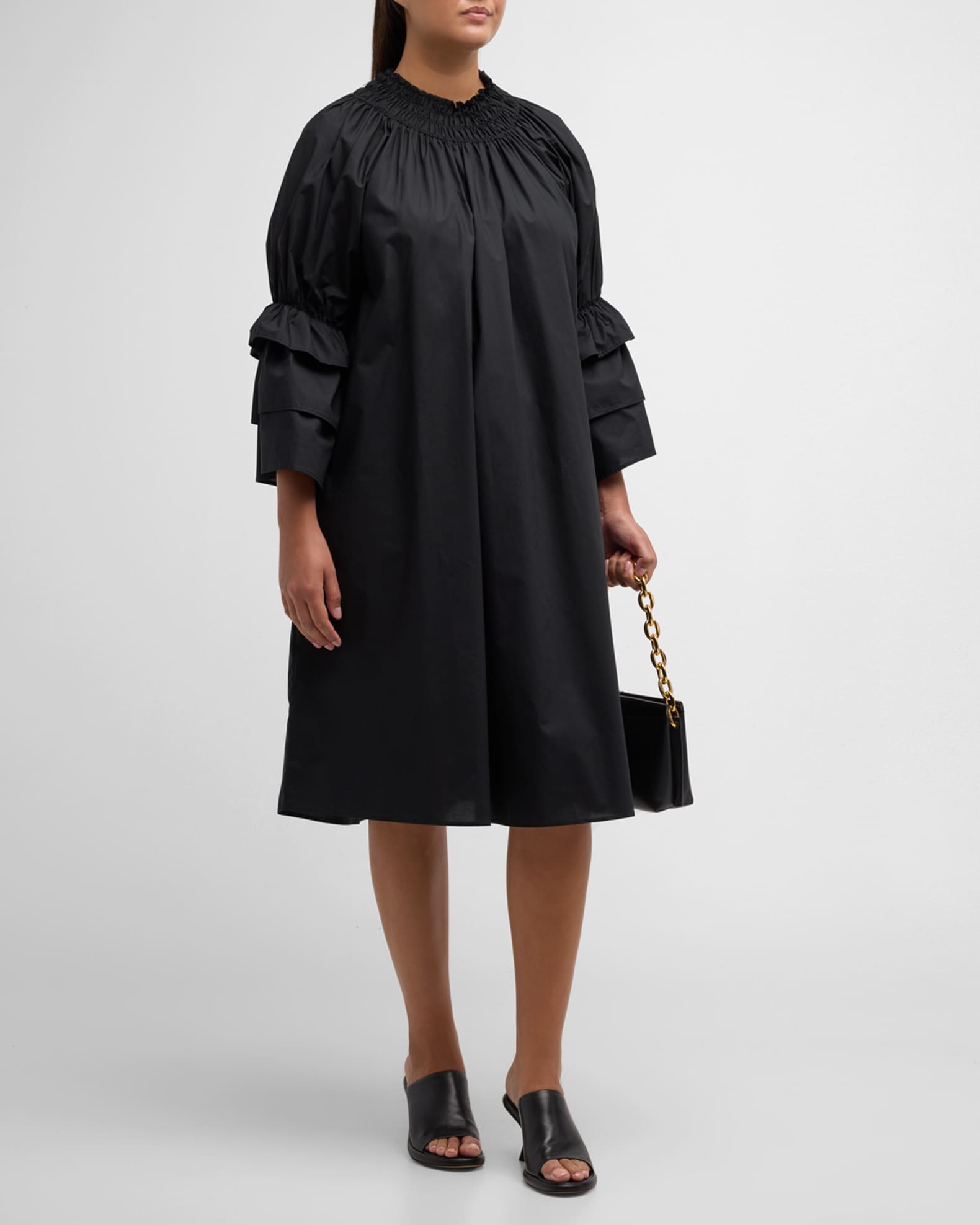Harshman Plus Size Daphne Ruched Ruffle-Cuff Midi Dress | Neiman Marcus