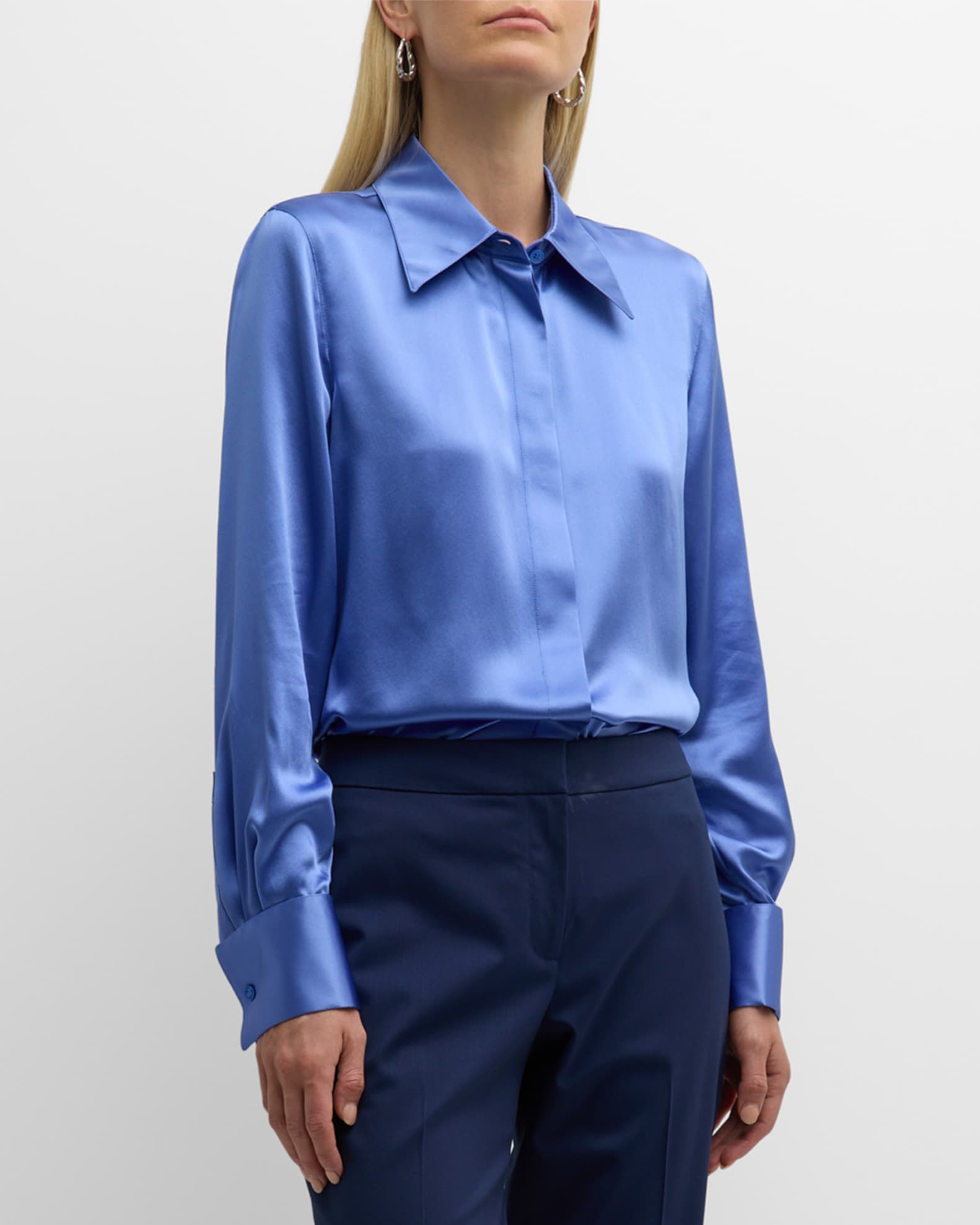 Lafayette 148 New York Spread-Collar Silk Charmeuse Blouse | Neiman Marcus