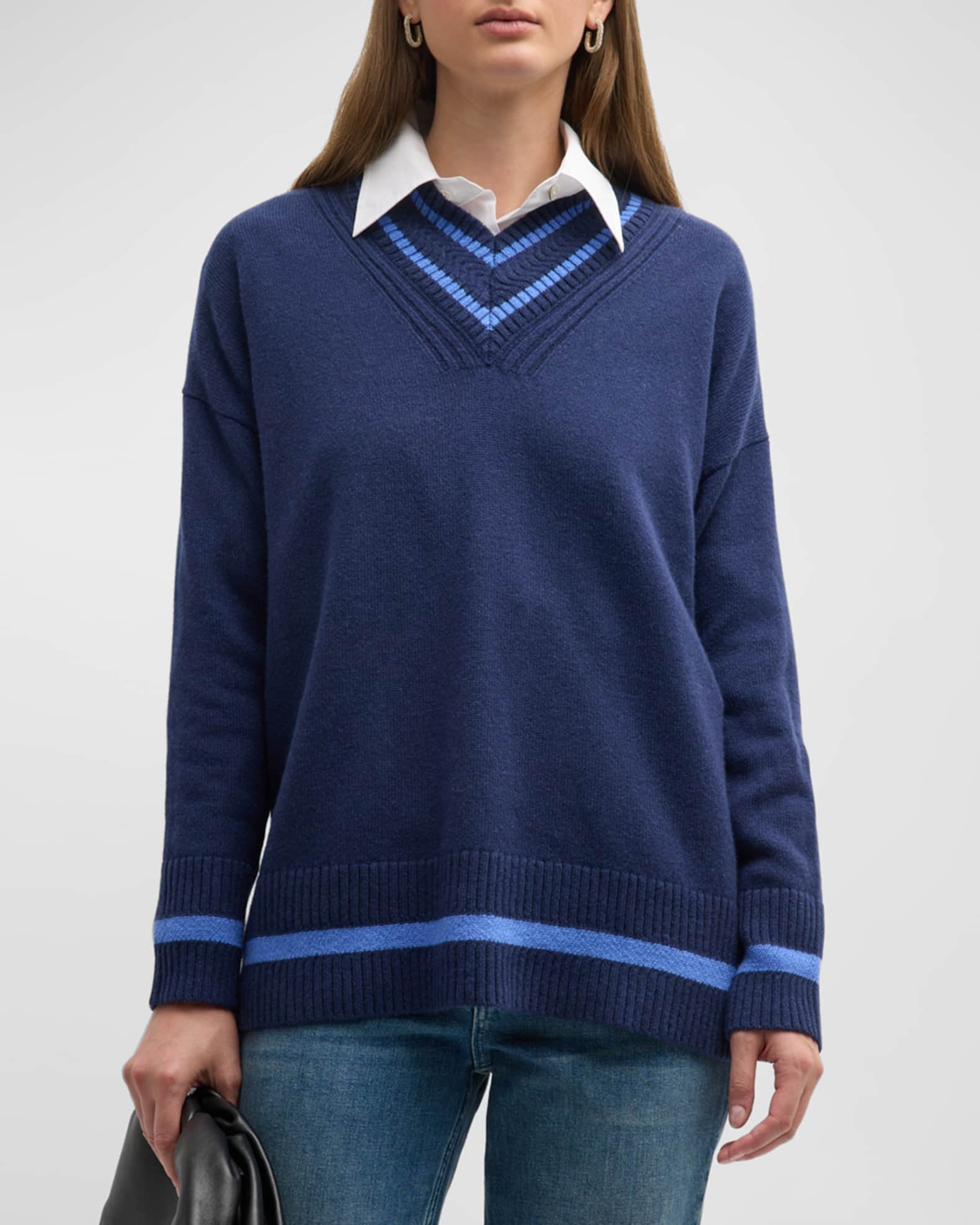 Cashmere Striped Trim V Neck Sweater