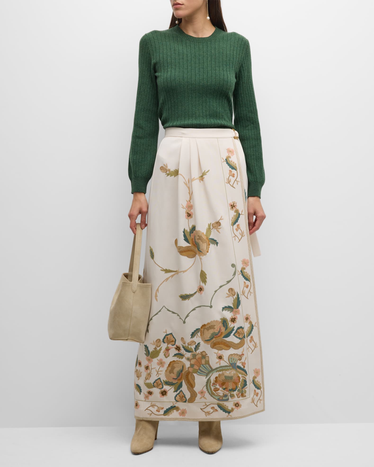 Loro Piana Athina Moroccan Floral Embroidered Cady Maxi Wrap Skirt