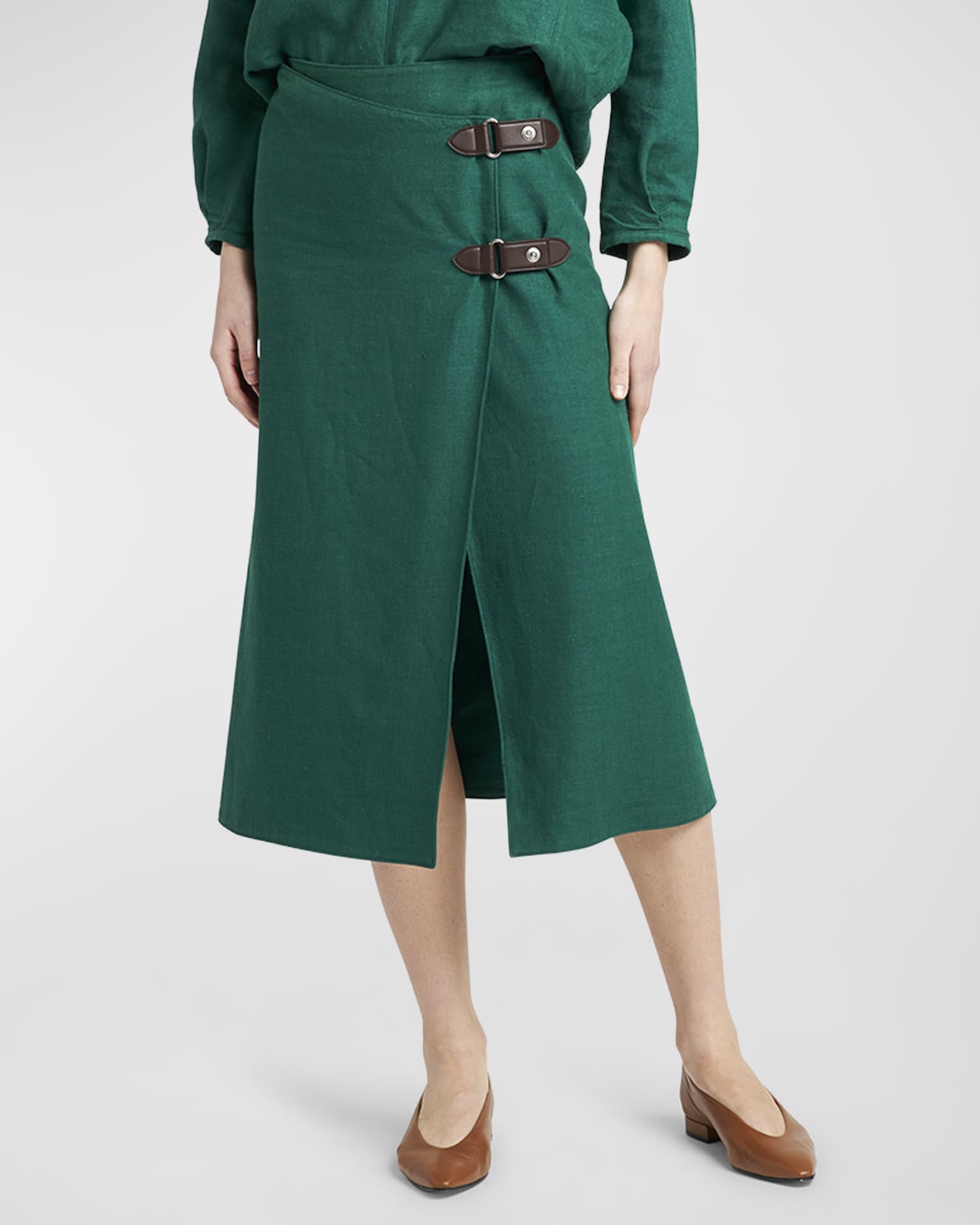 Loro Piana Structured Linen Midi Skirt with Leather Belted Detail