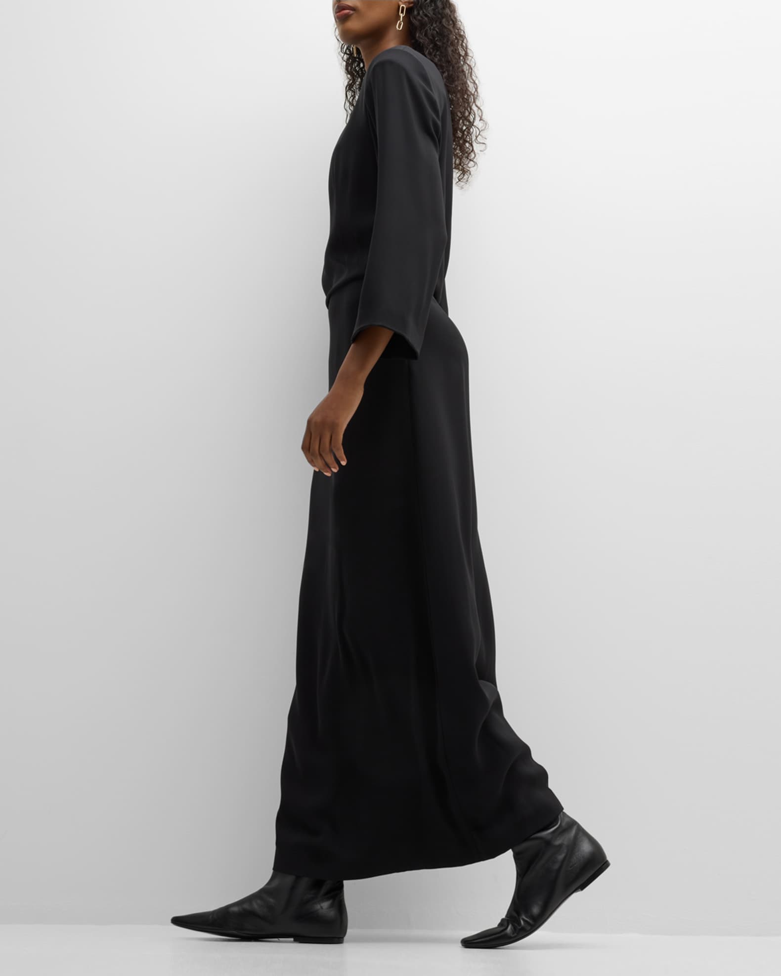 Jery Strong-Shoulder Long-Sleeve Silk Maxi Dress