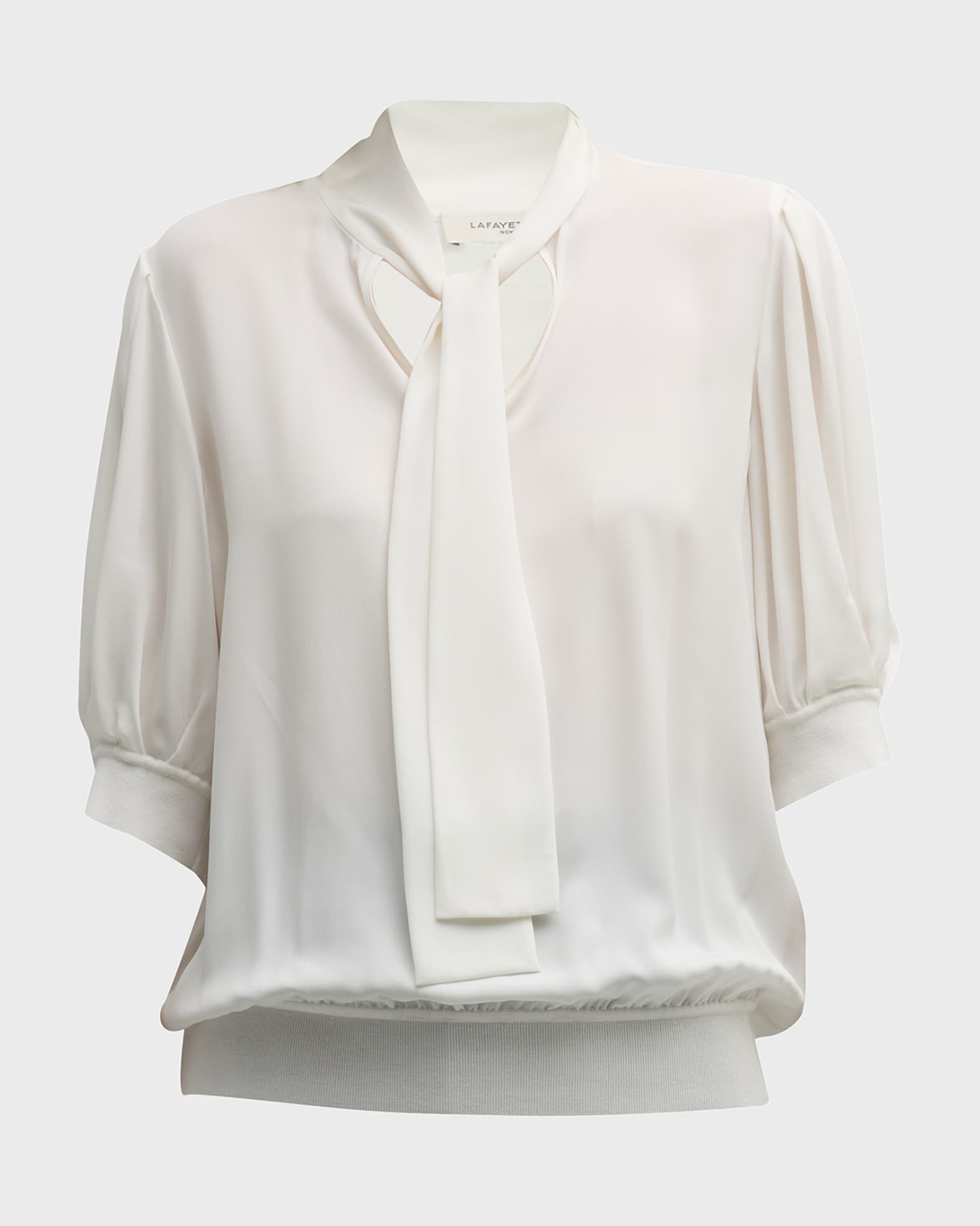 Lafayette 148 New York Pleated Elbow-Sleeve Tie-Neck Blouse | Neiman Marcus