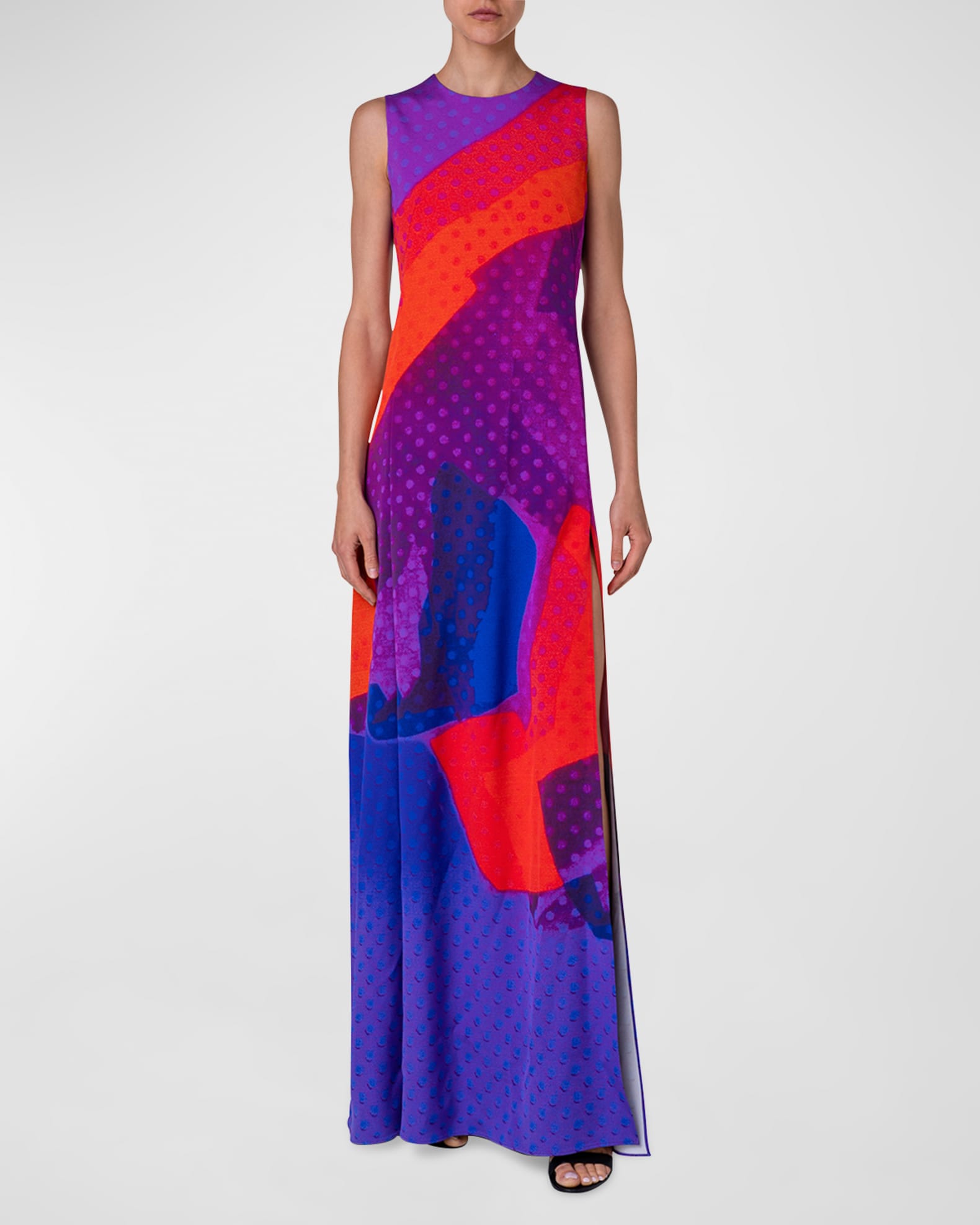 Akris Superimposition Print Sleeveless Slit Hem Silk Crepe Gown