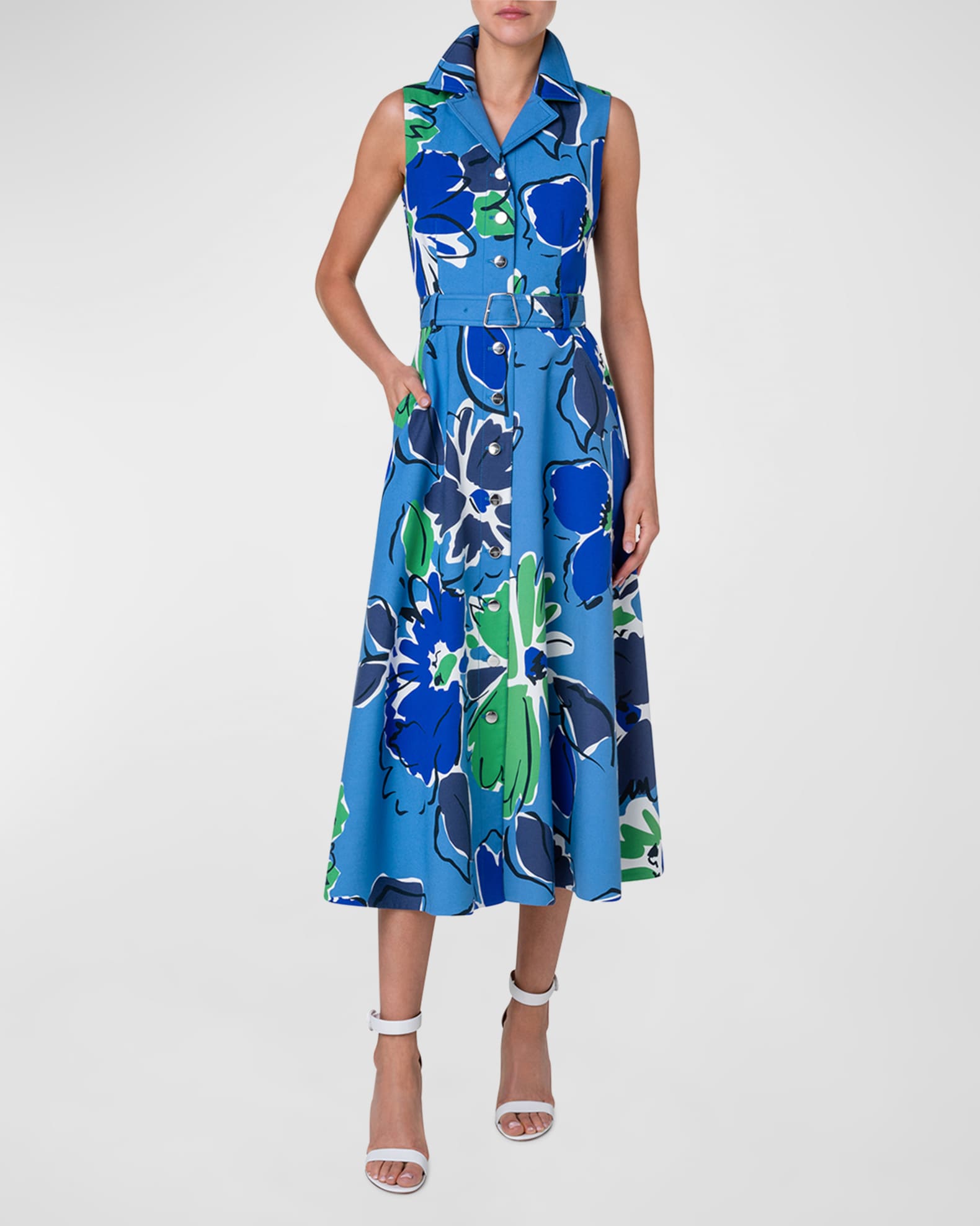 Louis Vuitton Blue & Brown Printed Cotton Belted Sleeveless Dress