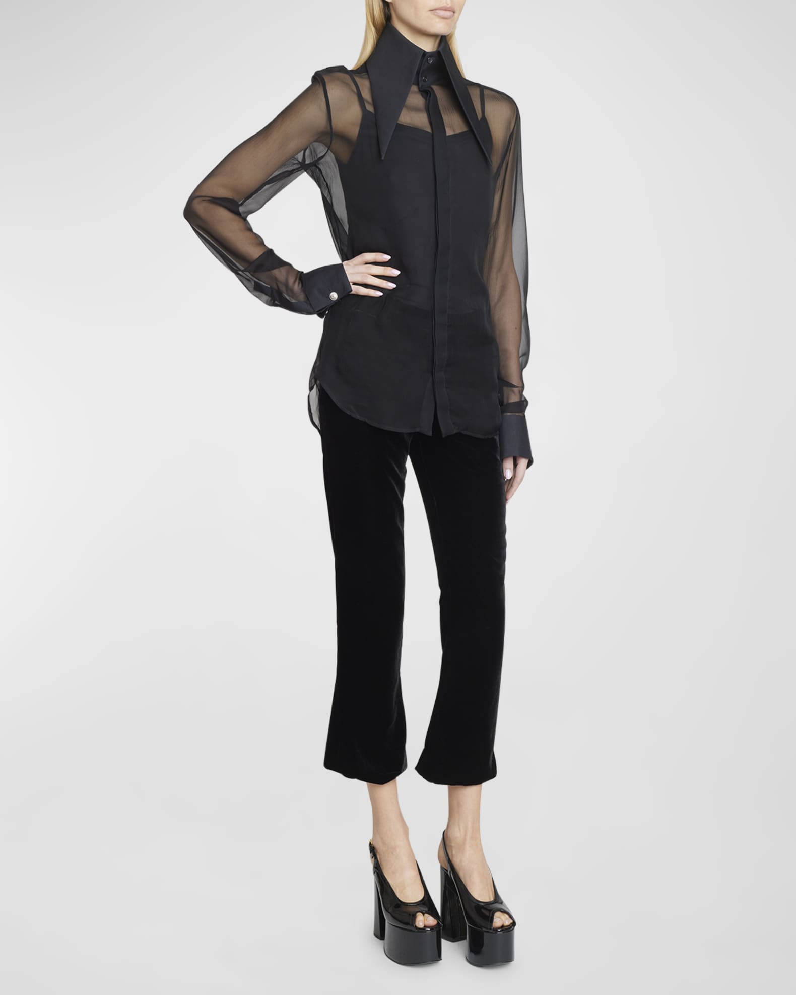 Balmain Sheer Silk Chiffon Collared Shirt | Neiman Marcus