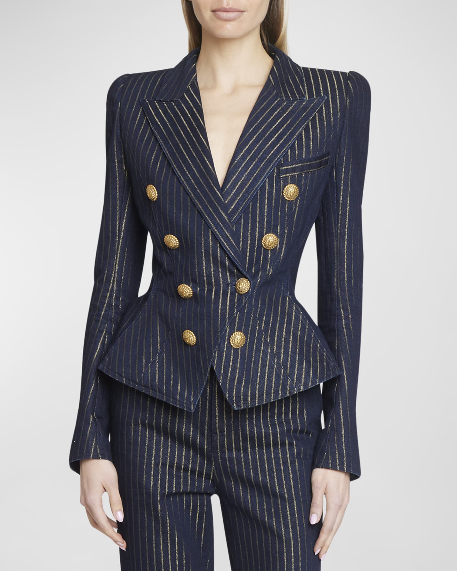 ジャケット・アウター N.M Thickened Double-Breasted Jacket Lurex Striped Denim Suit | Neiman Marcus