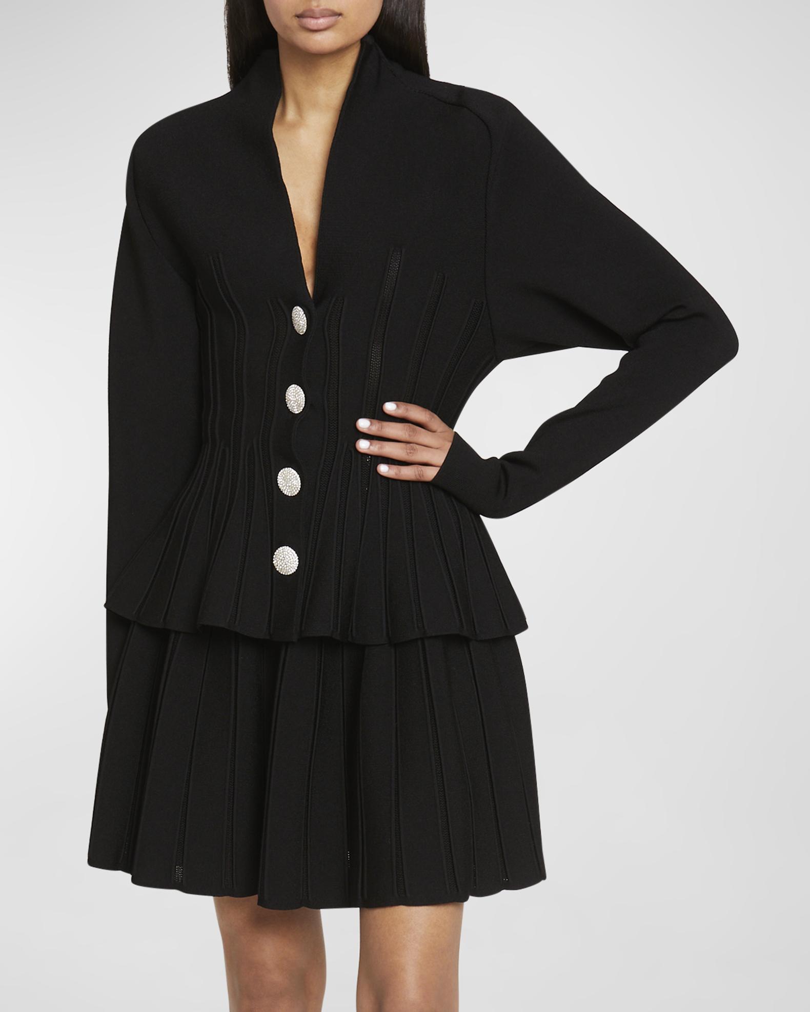 Balmain V-Neck Ribbed Peplum Basque Cardigan | Neiman Marcus